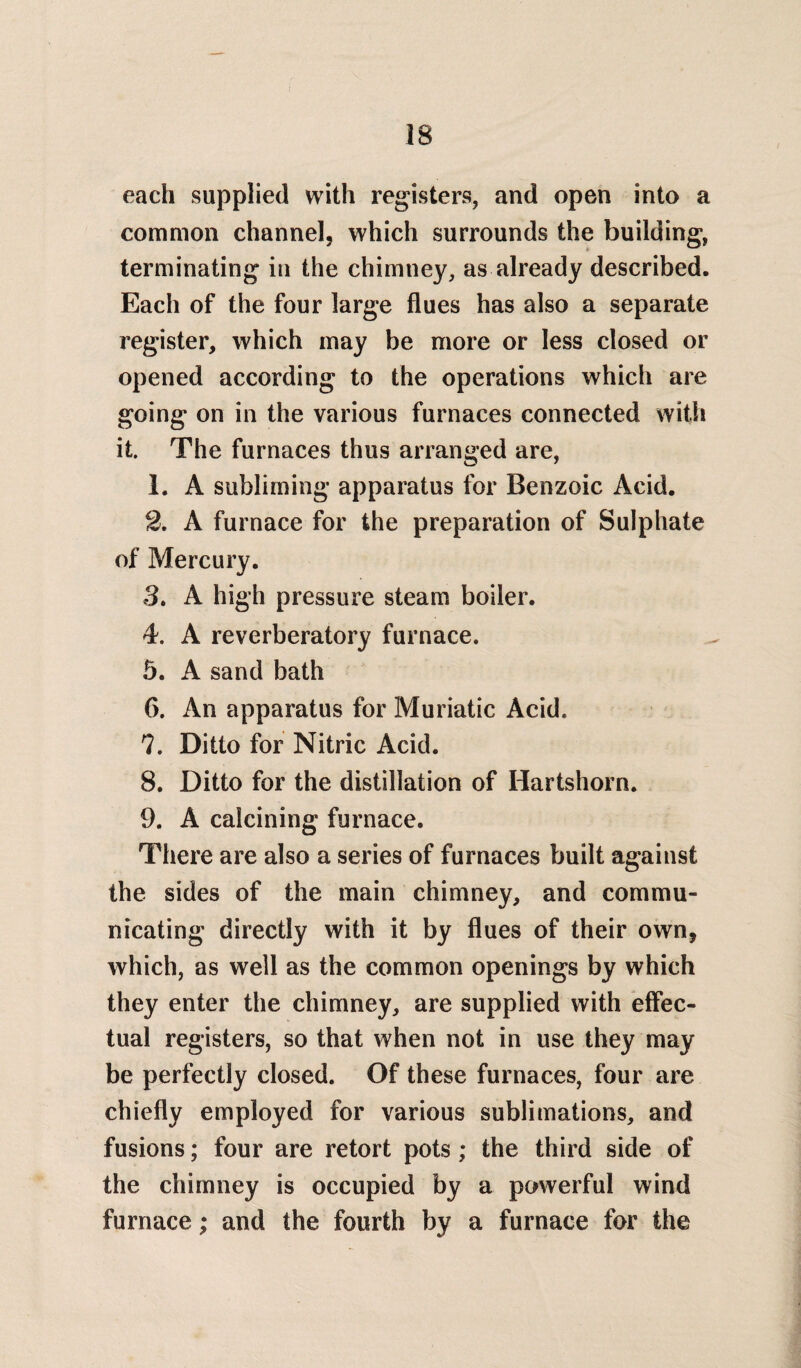 each supplied with registers, and open into a common channel, which surrounds the building, terminating in the chimney, as already described. Each of the four large flues has also a separate register, which may be more or less closed or opened according to the operations which are going on in the various furnaces connected with it. The furnaces thus arranged are, 1. A subliming apparatus for Benzoic Acid. 2. A furnace for the preparation of Sulphate of Mercury. 3. A high pressure steam boiler. 4. A reverberatory furnace. 5. A sand bath 6. An apparatus for Muriatic Acid. 7. Ditto for Nitric Acid. 8. Ditto for the distillation of Hartshorn. 9. A calcining furnace. There are also a series of furnaces built against the sides of the main chimney, and commu¬ nicating directly with it by flues of their own, which, as well as the common openings by which they enter the chimney, are supplied with effec¬ tual registers, so that when not in use they may be perfectly closed. Of these furnaces, four are chiefly employed for various sublimations, and fusions; four are retort pots; the third side of the chimney is occupied by a powerful wind furnace; and the fourth by a furnace for the