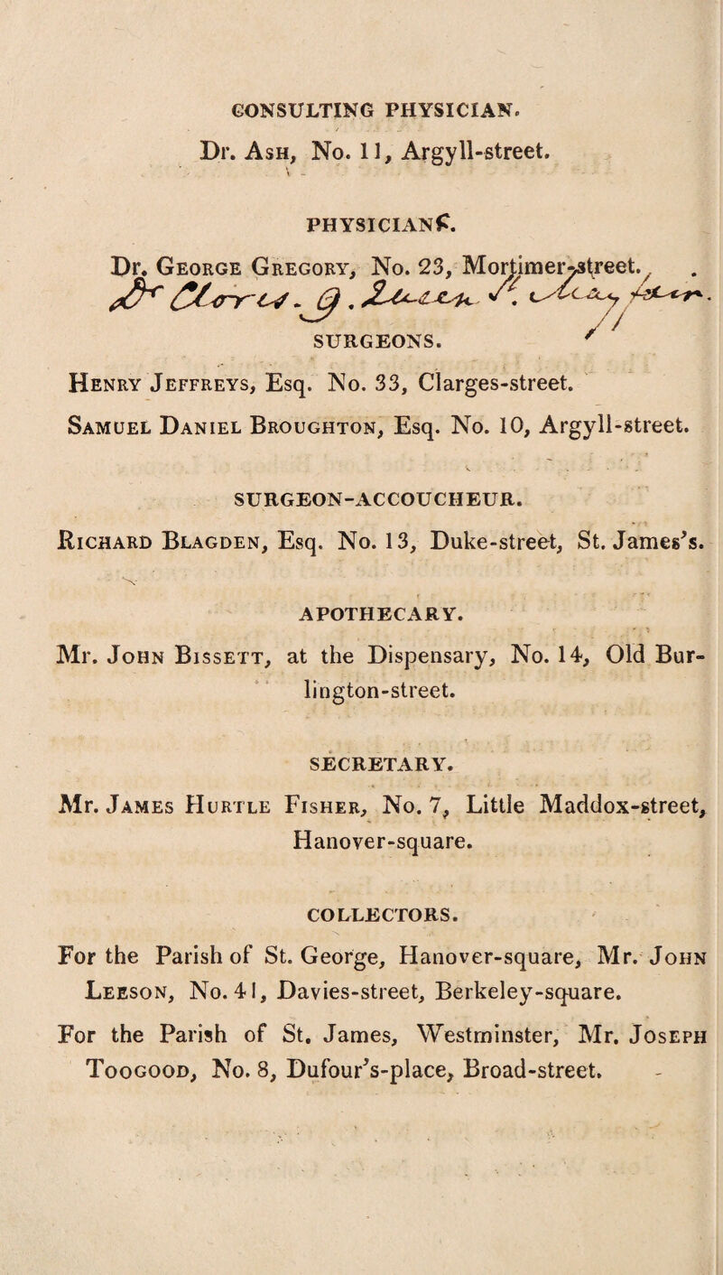 CONSULTING PHYSICIAN. Dr. Ash, No. 11, Argy 11-street. PHYSICIAN^. Dr. George Gregory, SURGEONS. ' Henry Jeffreys, Esq. No. 33, Clarges-street. Samuel Daniel Broughton, Esq. No. 10, Argyll-street. SURGEON-ACCOUCHEUR. Richard Blagden, Esq. No. 13, Duke-street, St. James's. APOTHECARY. Mr. John Bissett, at the Dispensary, No. 14, Old Bur- lington-street. SECRETARY. Mr. James Hurtle Fisher, No. 7, Little Maddox-street, Hanover-square. COLLECTORS. For the Parish of St. George, Hanover-square, Mr. John Leeson, No. 41, Davies-street, Berkeley-square. For the Parish of St. James, Westminster, Mr. Joseph Toogood, No. 8, Dufour's-place, Broad-street, No. 23, Morjimer^street^ //