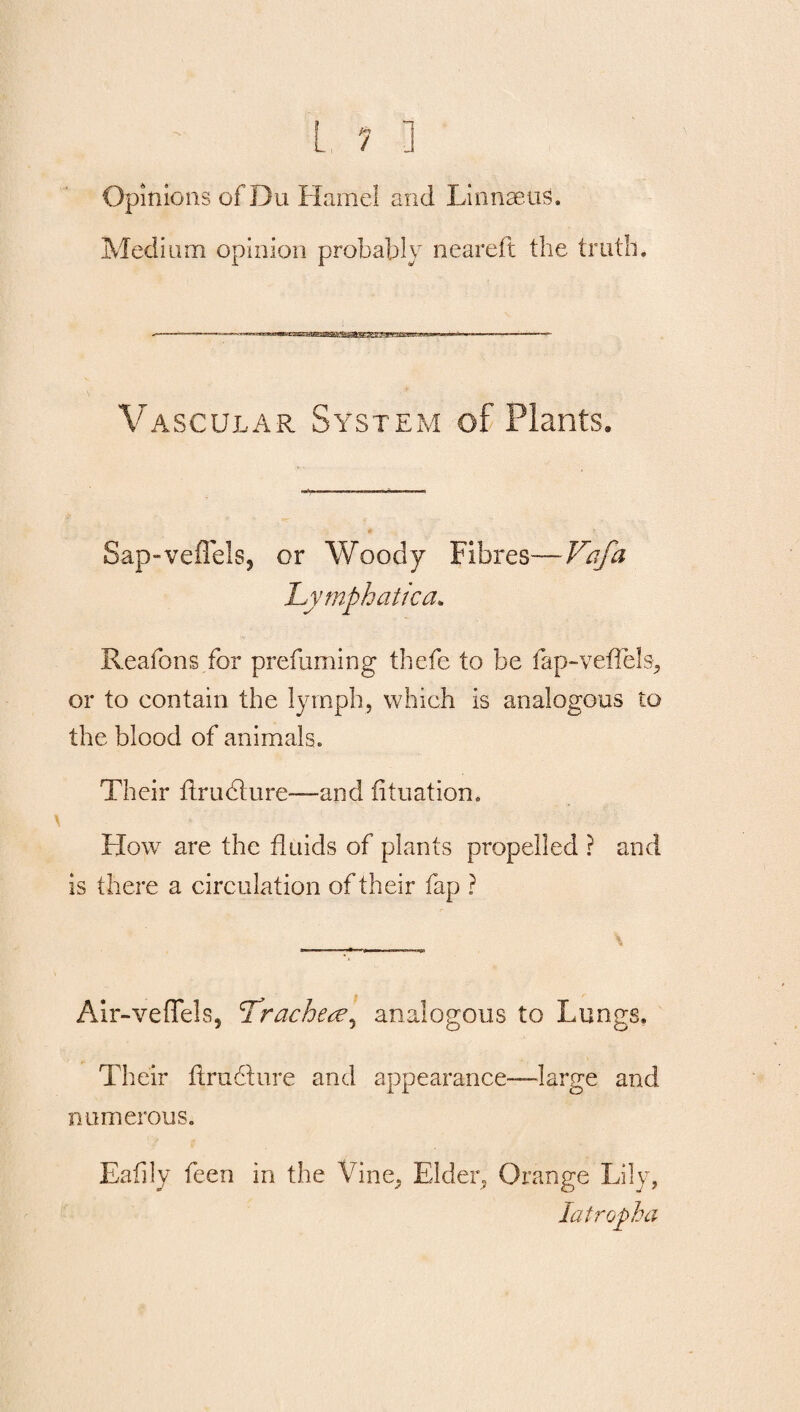 Opinions of Du Hamel and Linnaeus, Medium opinion probably neareft the truth. Vascular System of Plants. Sap-veffels, or Woody Fibres—Vafa 'Lymphatic a. Reafons for prefuming thefe to be fap-veffels, or to contain the lymph, which is analogous lo the blood of animals. Their ftrudture—and fituation. How are the fluids of plants propelled ? and is there a circulation of their fap ? Air-vefTels, Tracheae, analogous to Lungs, Their ftructure and appearance—large and numerous. Eafily feen in the Vine, Elder, Orange Lily,