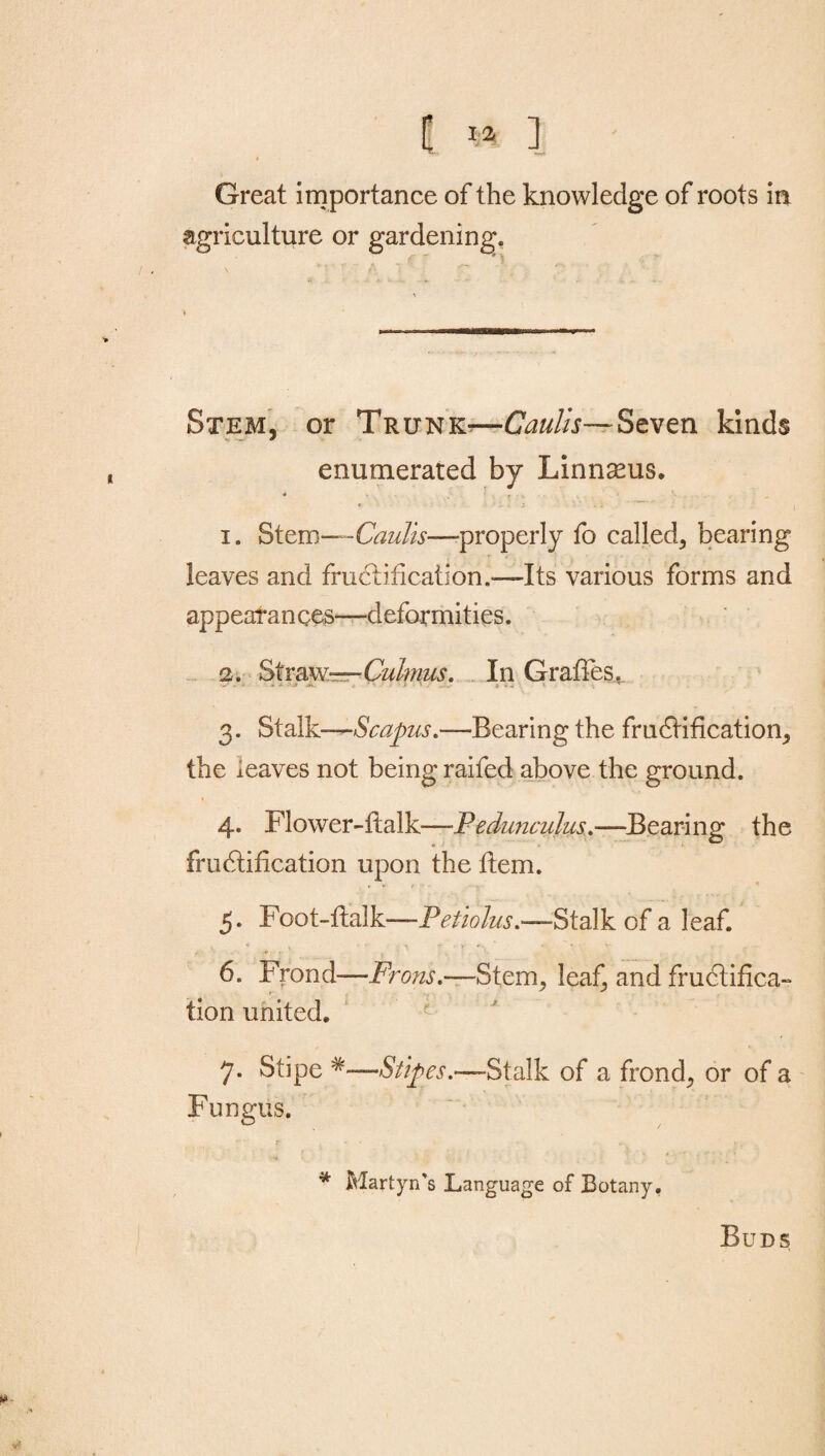 [ » ] Great importance of the knowledge of roots in agriculture or gardening. Stem, or Trunk-—Caulis— Seven kinds enumerated by Linnams. * • . * i r » ' - - _ 1. Stem—Caulis—-properly fo called, bearing leaves and fructification.-—Its various forms and appearances—deformities. 2. Straw— Culmus. In Graffes, 3. Stalk—Scapus.—Bearing the fructification, the leaves not being raifed above the ground. 1 4. Flower-flalk—P e dime ulus.—B e ari n g the * fructification upon the Item. 5. Foot-ftalk—Petiolus.—Stalk of a leaf. ; ) 6. Frond—Frons.—Stem, leaf, and fructifica¬ tion united. 7. Stipe —Stipes.—- Stalk of a frond, or of a Fungus. * Martyn’s Language of Botany. Buds
