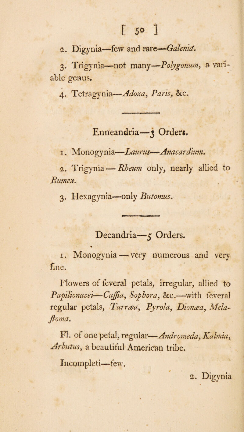2. Digynia—few and rare—Galemd. 3. Trigynia—not many—Polygonum, a van- able genus. r. 4. Tetragynia—Adoxa, Paris, See. ■■nr IIIUIIIB—»— Enneandria—3 Orders. 1. Monogynia—Laurus—Anacardium. 2. Trigynia — Rheum only, nearly allied to Bum ex. 3. Hexagynia—only Butomus. Decandria—5 Orders. n 1. Monogynia — very numerous and very fine. Flowers of feveral petals, irregular, allied to Papilionacei—CaJJia, Soph or a, Sec.—with feveral regular petals, Turr^ea, Pyrola, Dionne a, Mela- fioma. FI. of one petal, regular—Andromeda, Kalmia, Arbutus, a beautiful American tribe. Incompleti—few. *