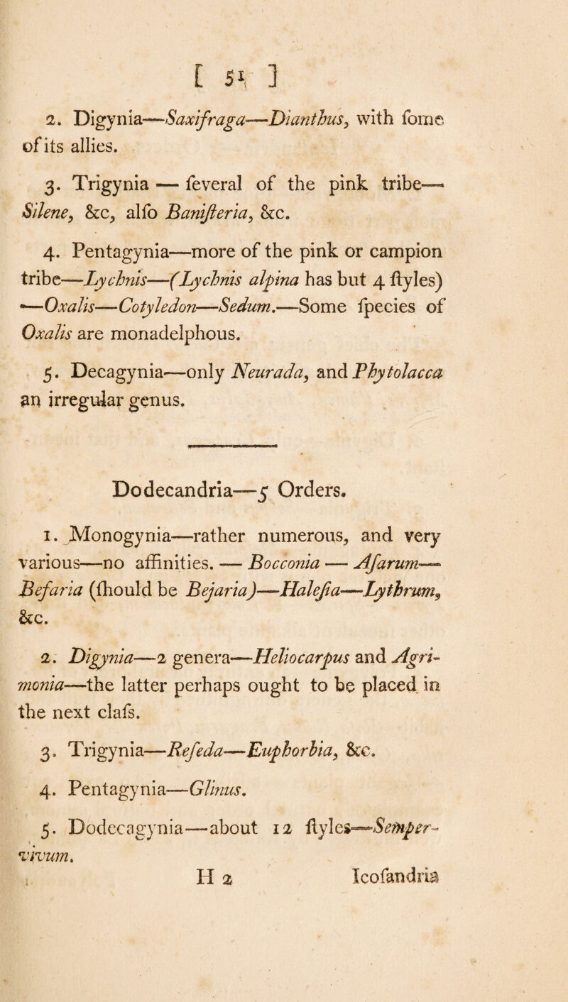 2. Digynia—Saxifraga—Dianthus, with fomc of its allies. 3. Trigynia — feveral of the pink tribe™ Silene, &c, alfo Bunifieria, &c. 4. Pentagynia—more of the pink or campion tribe—Lychnis—(Lychnis alpina has but 4 flyles) «—Oxalis—Cotyledon—Sedum.—Some fpecies of OxaJis are monadelphous. 5. Decagynia—only Neurada, and Phytolacca an irregular genus. Dodecandria—5 Orders, 1. Monogynia—rather numerous, and very various—no affinities. — Bocconia — Afarum— Befaria (ffiould be Bejaria)—Halejia—Lythrum, See. 2. Digynia—2 genera—Heliocarpus and Agri- monia—the latter perhaps ought to be placed in the next clafs. 3. Trigynia—Refeda—Euphorbia9 See. 4. Pentagynia—Glinus. 5. Dodecagynia—about 12 flyles—Semper- vivum. H 2 Icofandria