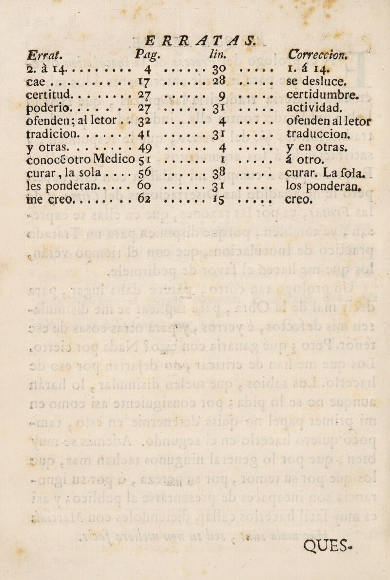 Errctt. ERRATAS. Pag. Un. Corrección. fc. á 14. . . .. ... . 4 ... . .... 30 • • • © • 1. á 14. cae . . .. .17 . .. • • • * # se desluce. certitud. .27 .. . ... 9 • • • • • certidumbre. poderío. .... . .27 . . . • •. 31 • • • • * actividad. ofenden; al letor . .32 ... . .. 4 • • • • • ofenden al letor tradición. .41 . . . • • • 3i a • • • « traducción. y otras. .49 ... ... 4 • • • • • y en otras. conocéotro Medico 51 . . . • • • • • á otro. curar, la sola . . . .56 . . . ...38 • • • • • curar. La íbla. les ponderan.. . . .60 ... • • • 31 • • • • © los ponderan. íne creo...... . .62 ... creo. vJk (f i QUES