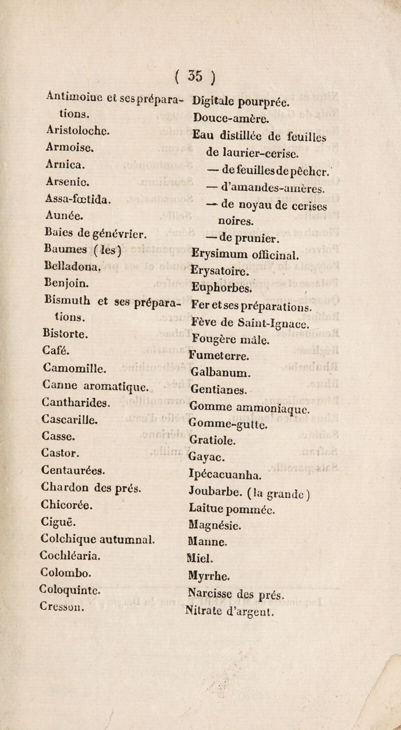 ( Antimoine et sesprépara- lions. Aristoloche. Armoise» Arnica. Arsenic. Assa-fœtida. Année. Baies de génévrier. Baumes (les) Belladona. Benjoin. Bismuth et ses prépara¬ tions. Bisiorte. Café. Camomille. Canne aromatique. Cantharides. Cascarilie. Casse. Castor. Centaurées. Chardon des prés. Chicorée. Ciguë. Colchique autuœnal. Cochléaria. Colombo. Coloquinte. Cresson. 35 ) Digitale pourprée. Douce-amère. Eau distillée de feuilles de laurier-cerise. — de feuilles de pêcher. — d’amandes-amères. — de noyau de cerises noires. — de prunier. Erysimum officinal. Erysatoire. Euphorbes. Fer et ses préparations. Fève de Saint-Ignace. Fougère mdîe. Fumet erre. Galbanum. Gentianes. Gomme ammoniaque. Gomme-gutte. Gratiole. Gayac. Ipécacuanha. Joubarbe, (la grande) Laitue pommée. Magnésie. Manne. Miel. Myrrhe. Narcisse des prés. Nitrate d’argent. /