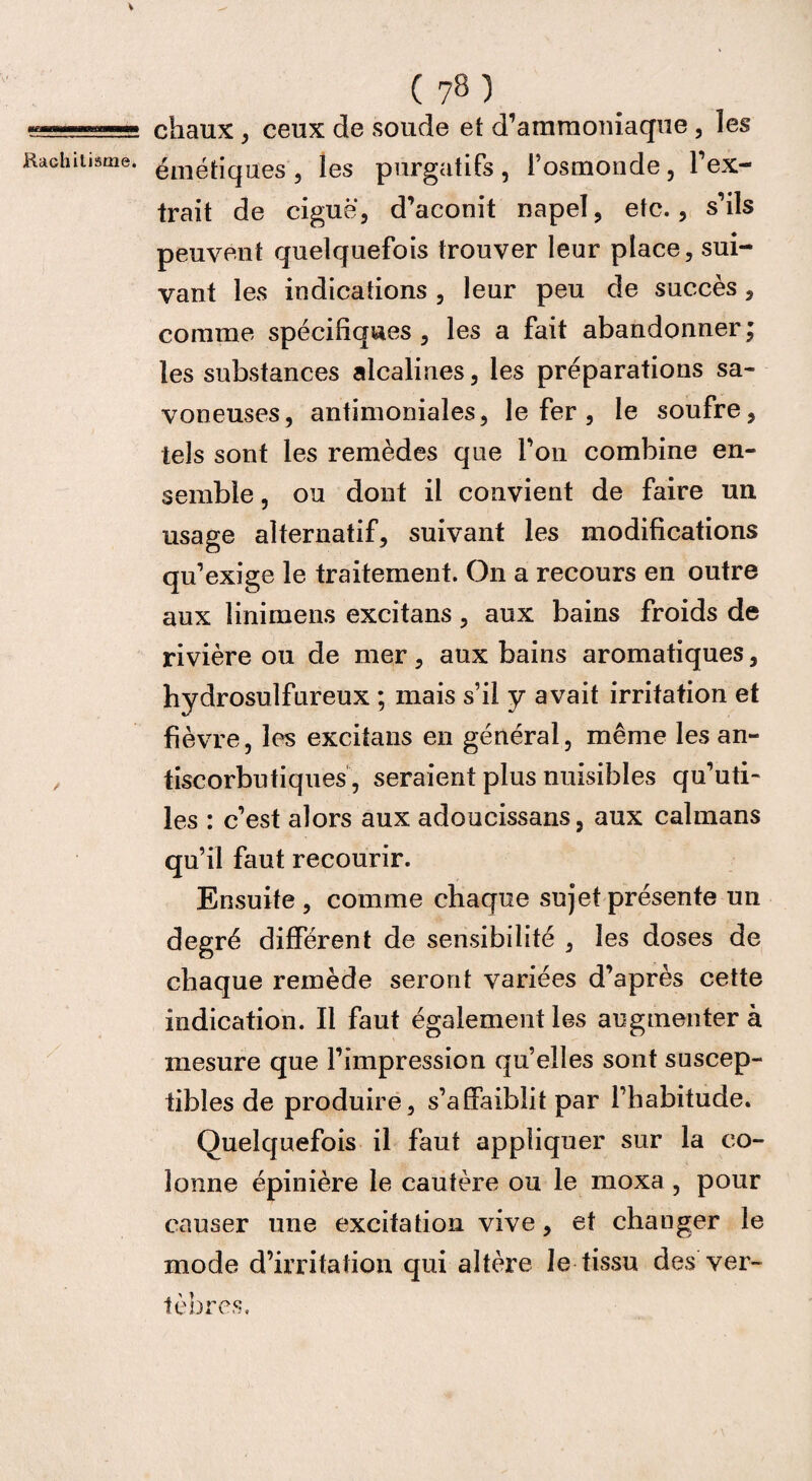 Rachitisme. (78) chaux, ceux de soude et d’ammoniaque , les émétiques, les purgatifs, fosmonde, l’ex¬ trait de ciguë, d’aconit napel, etc., s’ils peuvent quelquefois trouver leur place, sui¬ vant les indications , leur peu de succès, comme spécifiques , les a fait abandonner ; les substances alcalines, les préparations sa- voneuses, antimoniales, le fer , le soufre, tels sont les remèdes que l’on combine en¬ semble , ou dont il convient de faire un usage alternatif, suivant les modifications qu’exige le traitement. On a recours en outre aux linimens excitans, aux bains froids de rivière ou de mer, aux bains aromatiques, hydrosulfureux ; mais s’il y avait irritation et fièvre, les excitans en général, même les an¬ tiscorbutiques, seraient plus nuisibles qu’uti¬ les : c’est alors aux adoucissans, aux caïmans qu’il faut recourir. Ensuite, comme chaque sujet présente un degré différent de sensibilité , les doses de chaque remède seront variées d’après cette indication. Il faut également les augmentera mesure que l’impression quelles sont suscep¬ tibles de produire, s’affaiblit par l’habitude. Quelquefois il faut appliquer sur la co¬ lonne épinière le cautère ou le moxa , pour causer une excitation vive, et changer le mode d’irritation qui altère Je tissu des ver¬ tèbres,