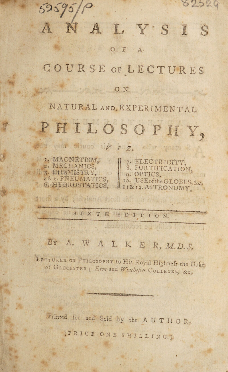 &\jslp 23. A L Y S I S OF A- COURSE of LECTURES O N . NATURAL and.EXPERIMENTAL P H 1 L O S O P 11 Y j V 1 z. 1, MAGNETISM,. 2. MECHANICS, 5* CHEMISTRY, 4&r. PNEUMATICS, 6. HYDROSTATICS, 7* ELECTRICITY, 8. fortification-, 9. OPTICS, 10. USE of the GLOBES, &c i 1 & 1 a. ASTRONOMY ' SIX T H EDIT X Q No Ey A, W A 1. K E R. M. D, 8, tsoT^Eson Philosophy to His Royal Higlmeli the Dnfc- of o-locester ; Eton and IVhtcbeftir Colleges, &c. ' ' t nr,ted for and Sold by the A U T \ 5