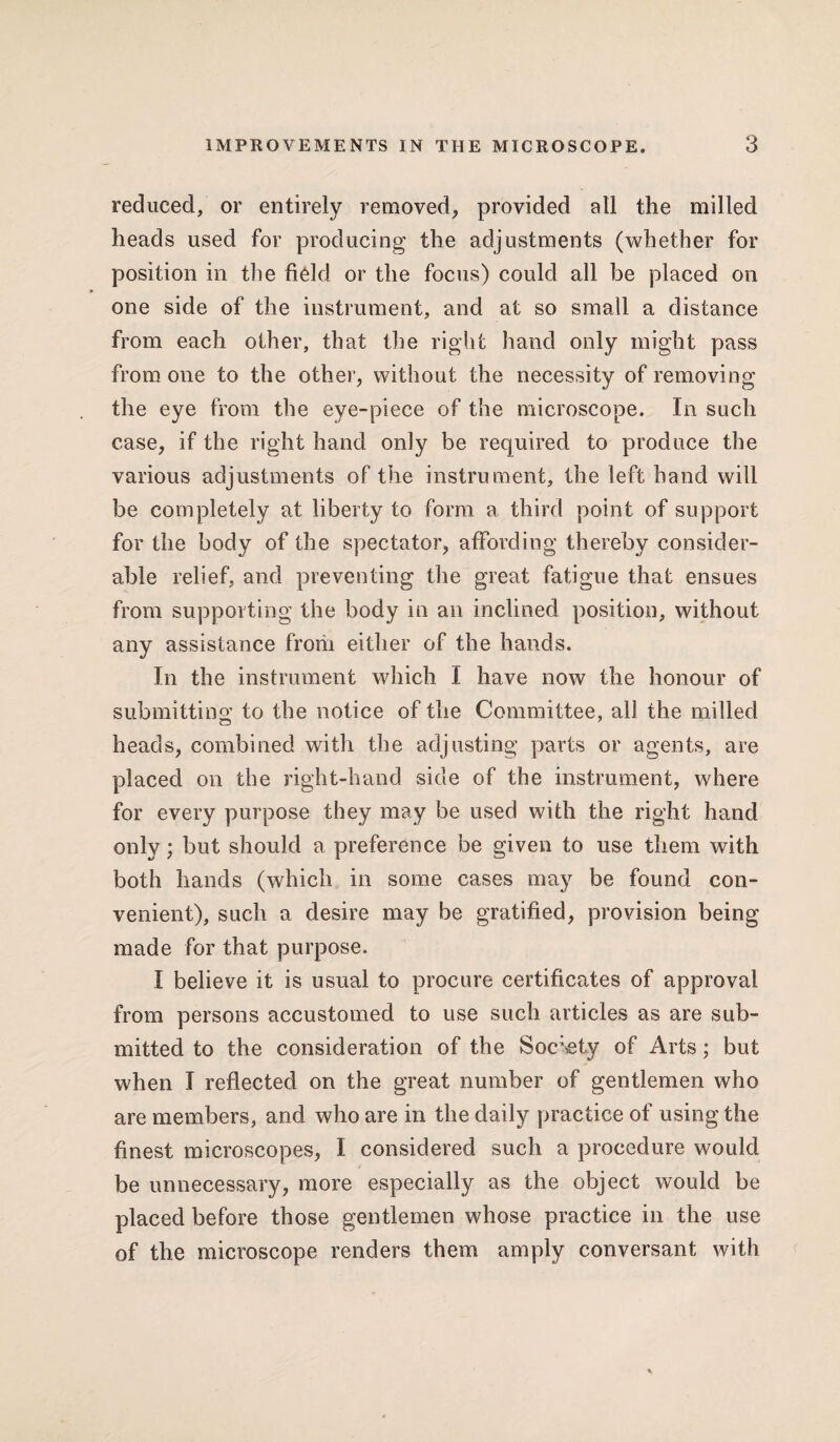 reduced, or entirely removed, provided all the milled heads used for producing the adjustments (whether for position in the field or the focus) could all be placed on one side of the instrument, and at so small a distance from each other, that the right hand only might pass from one to the other, without the necessity of removing the eye from the eye-piece of the microscope. In such case, if the right hand only be required to produce the various adjustments of the instrument, the left hand will be completely at liberty to form a third point of support for the body of the spectator, affording thereby consider¬ able relief, and preventing the great fatigue that ensues from supporting the body in an inclined position, without any assistance from either of the hands. In the instrument which I have now the honour of submitting: to the notice of the Committee, all the milled heads, combined with the adjusting parts or agents, are placed on the right-hand side of the instrument, where for every purpose they may be used with the right hand only; but should a preference be given to use them with both hands (which in some cases may be found con¬ venient), such a desire may be gratified, provision being made for that purpose. I believe it is usual to procure certificates of approval from persons accustomed to use such articles as are sub¬ mitted to the consideration of the Society of Arts; but when I reflected on the great number of gentlemen who are members, and who are in the daily practice of using the finest microscopes, I considered such a procedure would be unnecessary, more especially as the object would be placed before those gentlemen whose practice in the use of the microscope renders them amply conversant with