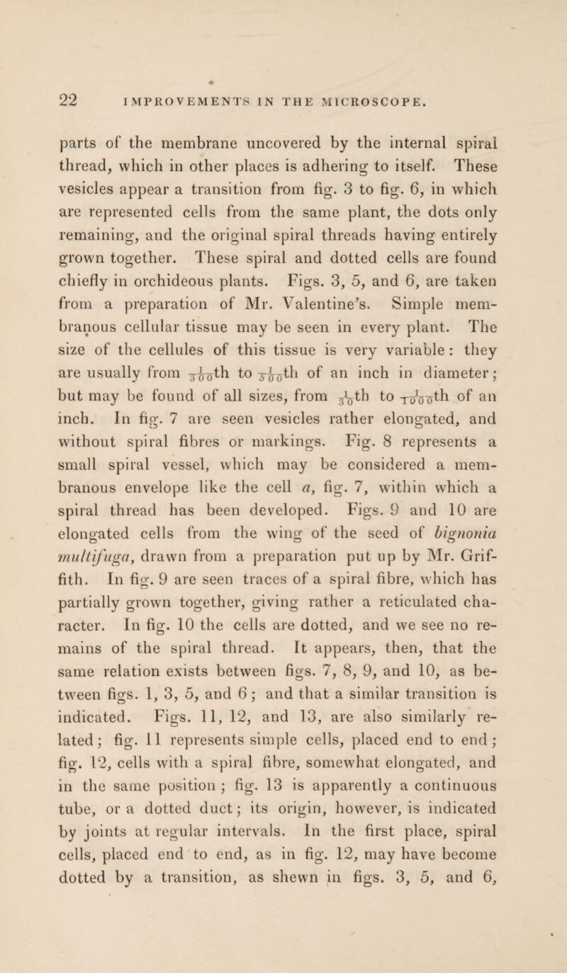 parts of the membrane uncovered by the internal spiral thread, which in other places is adhering to itself. These vesicles appear a transition from fig. 3 to fig. 6, in which are represented cells from the same plant, the dots only remaining, and the original spiral threads having entirely grown together. These spiral and dotted cells are found chiefly in orchideous plants. Figs. 3, 5, and 6, are taken from a preparation of Mr. Valentine’s. Simple mem¬ branous cellular tissue may be seen in every plant. The size of the cellules of this tissue is very variable : they are usually from -g-J^th to y-^th of an inch in diameter; but may be found of all sizes, from 3^th to xoWth of an inch. In fig. 7 are seen vesicles rather elongated, and without spiral fibres or markings. Fig. 8 represents a small spiral vessel, which may be considered a mem¬ branous envelope like the cell a, fig. 7, within which a spiral thread has been developed. Figs. 9 and 10 are elongated cells from the wing of the seed of bignonia multij'uga, drawn from a preparation put up by Mr. Grif¬ fith. In fig. 9 are seen traces of a spiral fibre, which has partially grown together, giving rather a reticulated cha¬ racter. In fig. 10 the cells are dotted, and we see no re¬ mains of the spiral thread. It appears, then, that the same relation exists between figs. 7, 8, 9, and 10, as be¬ tween figs. 1, 3, 5, and 6 ; and that a similar transition is indicated. Figs. 11, 12, and 13, are also similarly re¬ lated ; fig. 11 represents simple cells, placed end to end ; fig. 12, cells with a spiral fibre, somewhat elongated, and in the same position ; fig. 13 is apparently a continuous tube, ora dotted duct; its origin, however, is indicated by joints at regular intervals. In the first place, spiral cells, placed end to end, as in fig. 12, may have become dotted by a transition, as shewn in figs. 3, 5, and 6,