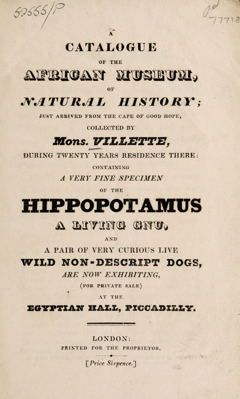 CATALOGUE OF THE jufibikdasy sawsuwsut* OF .AM TUR*/1L HISTORY; JUST ARRIVED FROM THE CAPE OF GOOD HOPE, COLLECTED BY Mons. WSLLETTB, DURING TWENTY YEARS RESIDENCE THERE: CONTAINING A VERY FINE SPECIMEN OF THE HIPPOPOTAMUS A SMTHHCa «1» AND A PAIR OF VERY CURIOUS LIVE WILD NON-DESCRIPT DOGS, ARE NO W EXHIBITING, (for PRIVATE sale) A AT THE EGYPTIAN HALL, FZGCADXI.E7. LONDON: PRINTED FOR THE PROPRIETOR. IP rice Sixpence.]