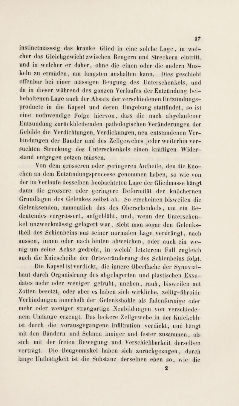 instinetmässsig das kranke Glied in eine solche Lage, in wel¬ cher das Gleichgewicht zwischen Beugern und Streckern eintritt. und in welcher er daher, ohne die einen oder die andern Mus¬ keln zu ermüden, am längsten aushalten kann. Dies geschieht offenbar bei einer massigen Beugung des Unterschenkels, und da in dieser während des ganzen Verlaufes der Entzündung bei¬ behaltenen Lage auch der Absatz der verschiedenen Entzündungs- producte in die Kapsel und deren Umgebung stattfindet, so ist eine nothwendige Folge hiervon, dass die nach abgelaufener Entzündung zurückbleibenden pathologischen Veränderungen der Gebilde die Verdichtungen, Verdickungen, neu entstandenen Ver¬ bindungen der Bänder und des Zellgewebes jeder weiterhin ver¬ suchten Streckung des Unterschenkels einen kräftigen Wider¬ stand entgegen setzen müssen. Von dem grösseren oder geringeren Antheile, den die Kno¬ chen an dem Entzündungsprocesse genommen haben, so wie von der im Verlaufe desselben beobachteten Lage der Gliedmasse hängt dann die grössere oder geringere Deformität der knöchernen Grundlagen des Gelenkes selbst ab. So erscheinen bisweilen die Gelenksenden, namentlich das des Oberschenkels, um ein Be¬ deutendes vergrössert, aufgebläht, und, wenn der Unterschen¬ kel unzweckmässig gelagert war, sieht man sogar den Gelenks¬ theil des Schienbeins aus seiner normalen Lage verdrängt, nach aussen, innen oder nach hinten abweichen, oder auch ein we¬ nig um seine Achse gedreht, in welch’ letzterem Fall zugleich auch die Kniescheibe der Ortsveränderung des Schienbeins folgt. Die Kapsel ist verdickt, die innere Oberfläche der Synovial¬ haut durch Organisirung des abgelagerten und plastischen Exsu¬ dates mehr oder weniger getrübt, uneben, rauh, bisweilen mit Zotten besetzt, oder aber es haben sich wirkliche, zellig-fibroide Verbindungen innerhalb der Gelenkshöhle als fadenförmige oder mehr oder weniger strangartige Neubildungen von verschiede¬ nem Umfänge erzeugt. Das lockere Zellgewebe in der Kniekehle ist durch die vorausgegangene Infiltration verdickt, und hängt mit den Bändern und Sehnen inniger und fester zusammen, als sich mit der freien Bewegung und Verschiebbarkeit derselben verträgt. Die Beugemuskel haben sich zurückgezogen, durch lange Unthätigkeit ist die Substanz derselben eben so, wie die 2