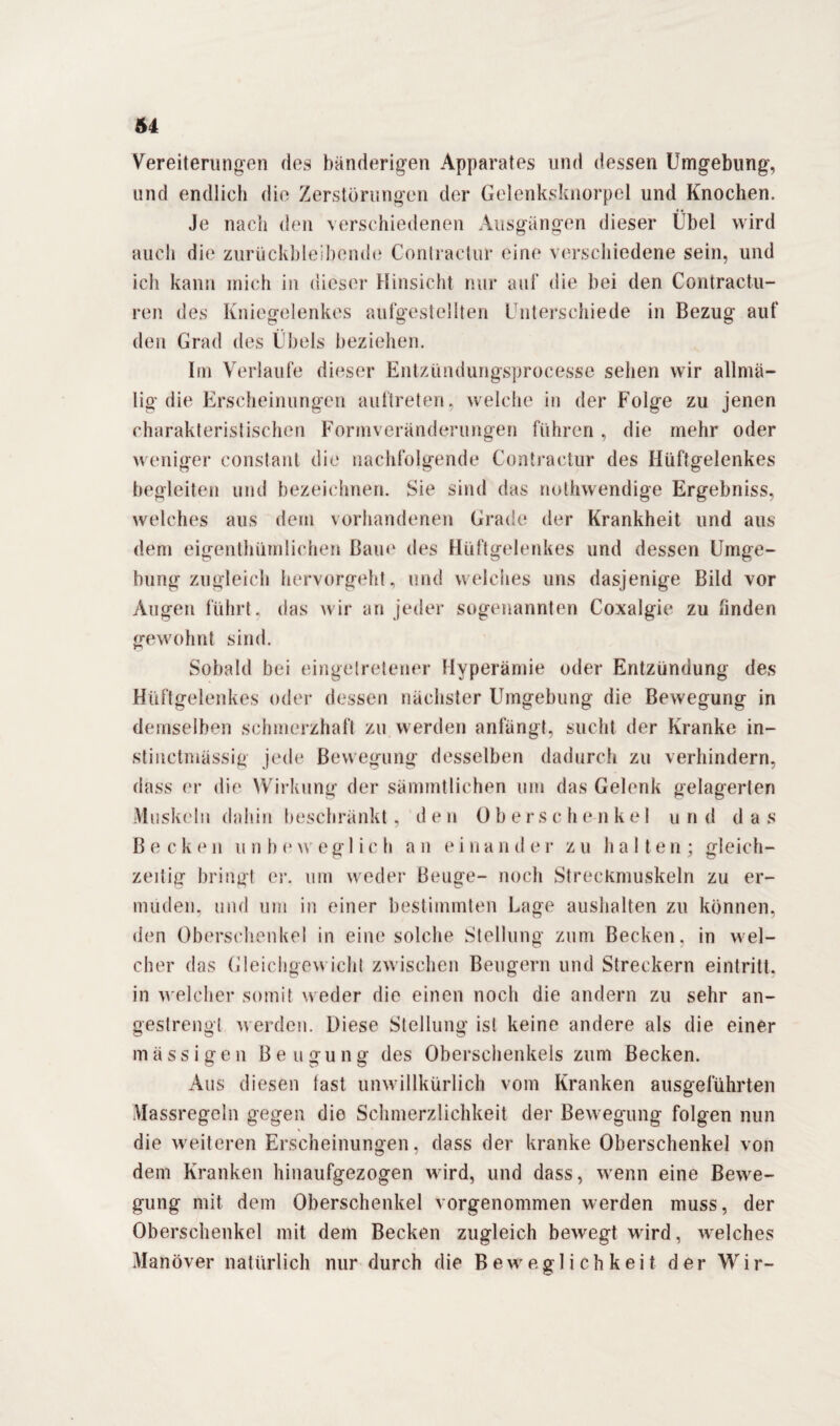 Vereiterungen des bänderigen Apparates und dessen Umgebung, und endlich die Zerstörungen der Gelenksknorpel und Knochen. Je nach den verschiedenen Ausgängen dieser Übel wird auch die zurückbleibende Contractur eine verschiedene sein, und ich kann mich in dieser Hinsicht nur auf die bei den Contractu- reu des Kniegelenkes aufgestellten Unterschiede in Bezug auf den Grad des Übels beziehen. Im Verlaufe dieser Entzündungsprocesse sehen wir allmä- lig die Erscheinungen auftreten, welche in der Folge zu jenen charakteristischen Formveränderungen führen, die mehr oder weniger constant die nachfolgende Contractur des Hüftgelenkes begleiten und bezeichnen. Sie sind das nothwendige Ergebniss, welches aus dem vorhandenen Grade der Krankheit und aus dem eigentümlichen Baue des Hüftgelenkes und dessen Umge¬ bung zugleich hervorgeht, und welches uns dasjenige Bild vor Augen führt, das wir an jeder sogenannten Coxalgie zu finden gewohnt sind. Sobald bei eingetretener Hyperämie oder Entzündung des Hüftgelenkes oder dessen nächster Umgebung die Bewegung in demselben schmerzhaft zu werden anfängt, sucht der Kranke in- stiuctmässig jede Bewegung desselben dadurch zu verhindern, dass er die Wirkung der sänuntliehen um das Gelenk gelagerten Muskeln dahin beschränkt, d e n Obe r s c h e n k e 1 u n d d a s Beck e n unbeweglich an ei n a n d e r zu halte n ; gleich¬ zeitig bringt er. um weder Beuge- noch Streckmuskeln zu er¬ müden. und um in einer bestimmten Lage aushalten zu können, den Oberschenkel in eine solche Stellung zum Becken, in wel¬ cher das Gleichgewicht zwischen Beugern und Streckern eintritt, in welcher somit weder die einen noch die andern zu sehr an¬ gestrengt werden. Diese Stellung ist keine andere als die einer massigen Beug u n g des Oberschenkels zum Becken. Aus diesen last unwillkürlich vom Kranken ausgeführten Hassregeln gegen dio Schmerzlichkeit der Bewegung folgen nun die weiteren Erscheinungen, dass der kranke Oberschenkel von dem Kranken hinaufgezogen wird, und dass, wenn eine Bewe¬ gung mit dem Oberschenkel vorgenommen werden muss, der Oberschenkel mit dem Becken zugleich bewegt wird, welches Manöver natürlich nur durch die Beweglichkeit der Wir-