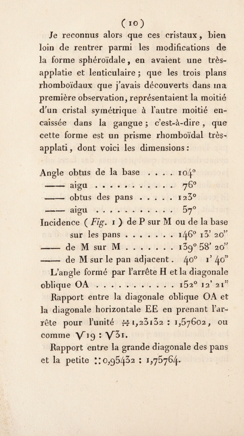 Je reconnus alors que ces cristaux, bien loin de rentrer parmi les modifications de la forme sphéroïdale, en avaient une très- applatie et lenticulaire ; que les trois plans rhomboïdaux que j’avais découverts dans ma première observation, représentaient la moitié d’un cristal symétrique à Fautre moitié en¬ caissée dans la gangue ; c’est-à-dire , que cette forme est un prisme rhomboïdal très^ applati, dont voici les dimensions : Angle obtus de la base .... 104° --aigu. 76° — obtus des pans.123° ■ - aigu .. 07° Incidence ( Fig. 1 ) de P sur M ou de la base sur les pans . ..146° i3’ 20” __ de M sur M.169° 58’ 20” —-de M sur le pan adjacent. 4°° 1 40? L’angle formé par l’arrête H et la diagonale oblique OA.. i52° 12’ 215 Rapport entre la diagonale oblique OA et la diagonale horizontale EE en prenant l’ar¬ rête pour l’unité ffi,25i32: 1,57602, ou comme V'9‘- V3i. Rapport entre la grande diagonale des pans et la petite “10,954^2 : 1,76764-