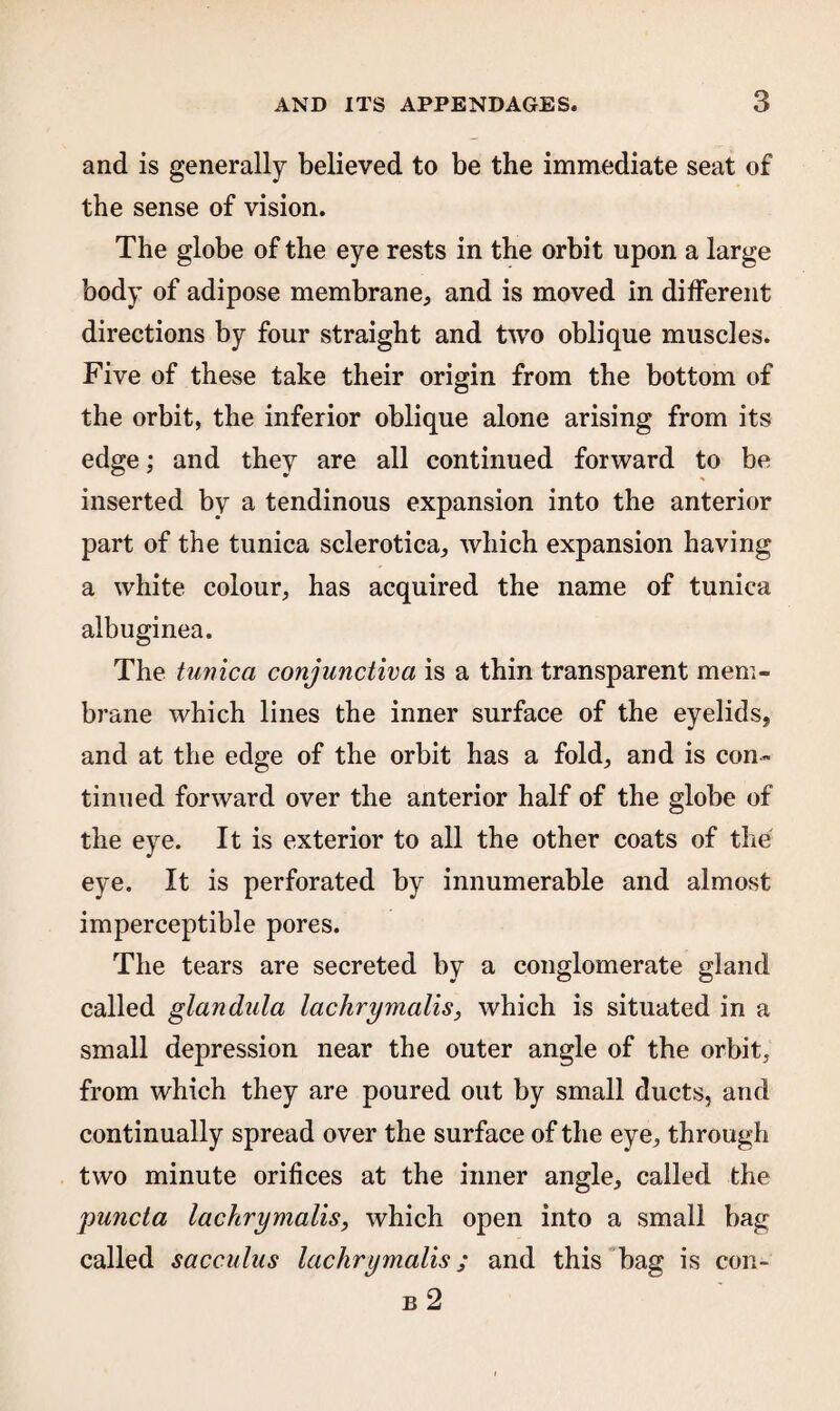 and is generally believed to be the immediate seat of the sense of vision. The globe of the eye rests in the orbit upon a large body of adipose membrane, and is moved in different directions by four straight and two oblique muscles. Five of these take their origin from the bottom of the orbit, the inferior oblique alone arising from its edge; and they are all continued forward to be inserted by a tendinous expansion into the anterior part of the tunica sclerotica, which expansion having a white colour, has acquired the name of tunica albuginea. The tunica conjunctiva is a thin transparent mem¬ brane which lines the inner surface of the eyelids, and at the edge of the orbit has a fold, and is con¬ tinued forward over the anterior half of the globe of the eye. It is exterior to all the other coats of the eye. It is perforated by innumerable and almost imperceptible pores. The tears are secreted by a conglomerate gland called glandula lachrymalis, which is situated in a small depression near the outer angle of the orbit, from which they are poured out by small ducts, and continually spread over the surface of the eye, through two minute orifices at the inner angle, called the puncta lachrymalis, which open into a small bag called sacculus lachrymalis; and this bag is con- b 2