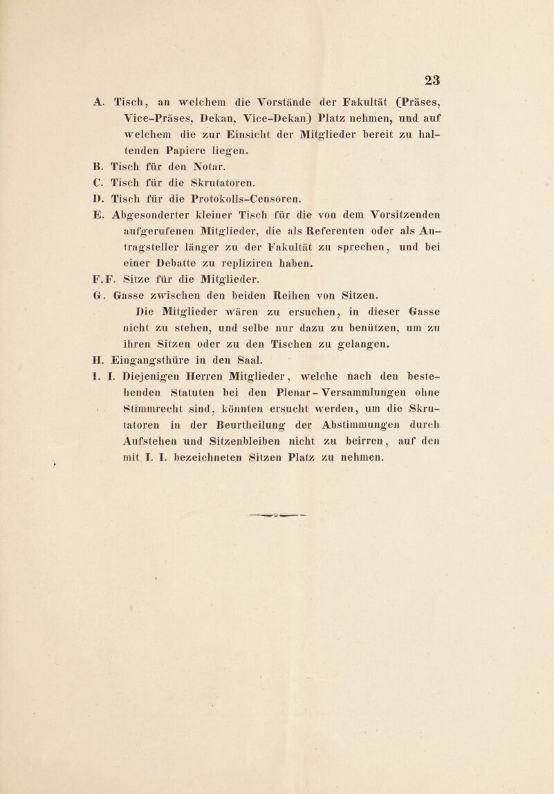 A. Tisch, an welchem die Vorstände der Fakultät (Präses, Vice-Pi *äses, Dekan, Vice-Dekan) Platz nehmen, und auf welchem die zur Einsicht der Mitglieder bereit zu hal¬ tenden Papiere liegen. B. Tisch für den Notar. C. Tisch für die Skrutatoren. D. Tisch für die Protokolls-Censoren. E. Abgesonderter kleiner Tisch für die von dem Vorsitzenden aufgerufenen Mitglieder, die als Referenten oder als An¬ tragsteller länger zu der Fakultät zu sprechen, und bei einer Debatte zu repliziren haben. F. F. Sitze für die Mitglieder. G. Gasse zwischen den beiden Reihen von Sitzen. Die Mitglieder wären zu ersuchen, in dieser Gasse nicht zu stehen, und selbe nur dazu zu benützen, um zu ihren Sitzen oder zu den Tischen zu gelangen. H. Eingangsthüre in den Saal. I. I. Diejenigen Herren Mitglieder, welche nach den beste¬ henden Statuten bei den Plenar- Versammlungen ohne Stimmrecht sind, könnten ersucht werden, um die Skru¬ tatoren in der Beurtheilung der Abstimmungen durch Aufstehen und Sitzenbleiben nicht zu beirren, auf den mit I. I. bezeichneten Sitzen Platz zu nehmen.