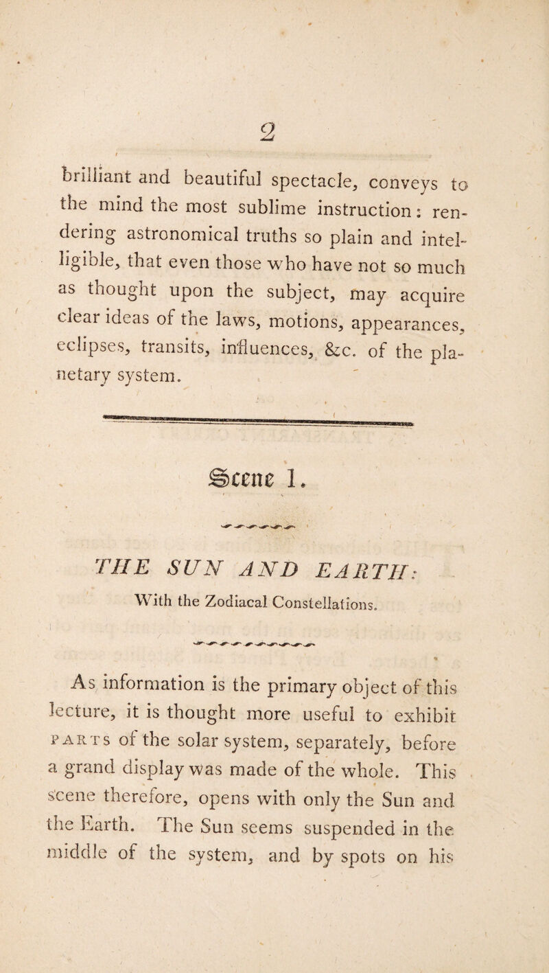 bulJiant and beautiful spectacle, conveys to the mind the most sublime instruction: ren¬ dering astronomical truths so plain and intel- ligiole, that even those who have not so much as tiiought upon the subject, may acquire clear ideas of tne laws, motions, appearances, eclipses, transits, influences, &c. of the pla¬ netary system. ccne 1. THE SUN AND EARTH: With the Zodiacal Constellations. I . ; • ’ s.J ...... * , * As information is the primary object of this lecture, it is thought more useful to exhibit parts of the solar system, separately, before a grand display was made of the whole. This scene therefore, opens with only the Sun and the Earth. The Sun seems suspended in the middle of the system, and by spots on his