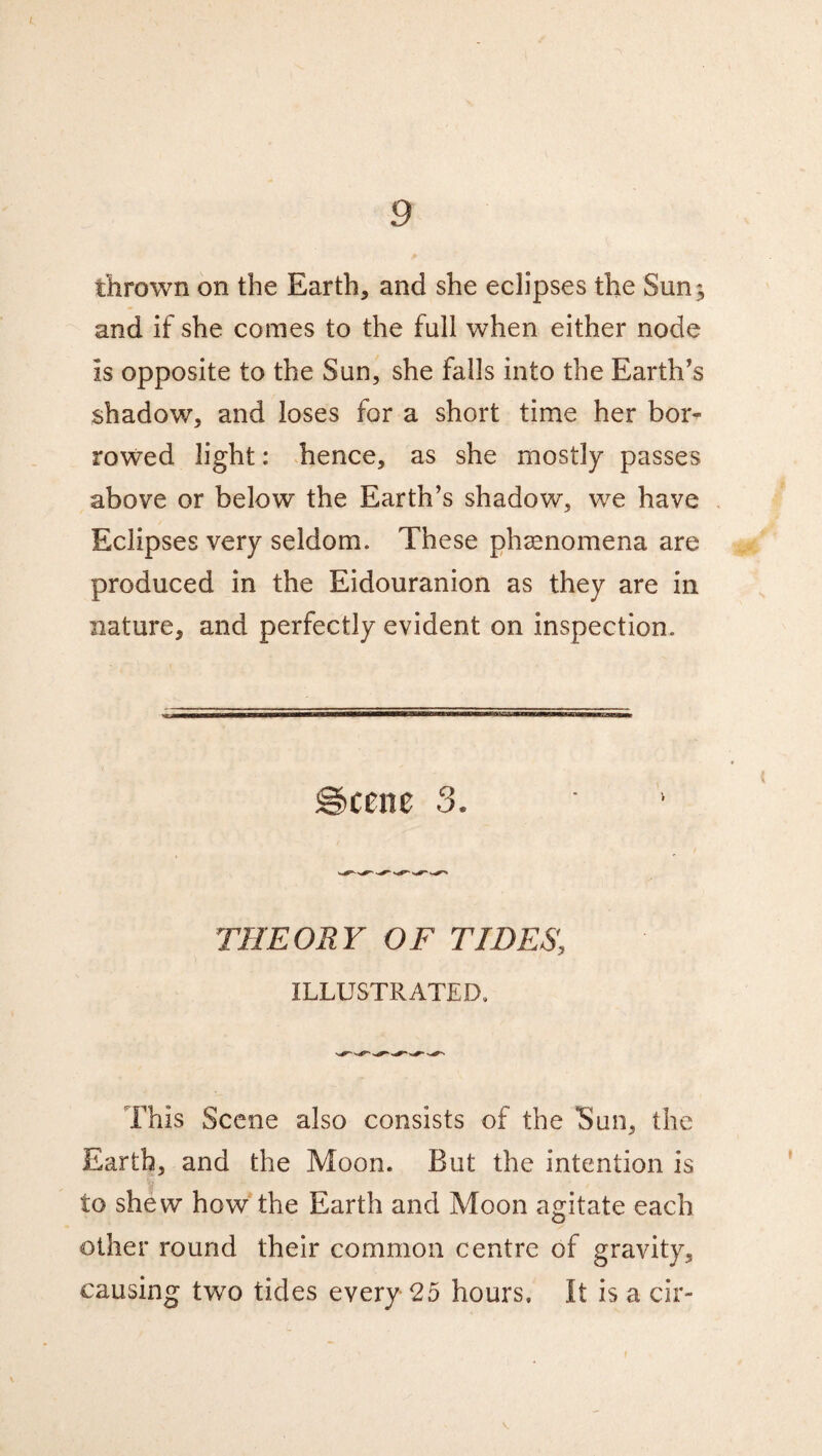 thrown on the Earth, and she eclipses the Sun;, and if she comes to the full when either node is opposite to the Sun, she falls into the Earth’s shadow, and loses for a short time her bor¬ rowed light: hence, as she mostly passes above or below the Earth’s shadow, we have Eclipses very seldom. These phenomena are produced in the Eidouranion as they are in nature, and perfectly evident on inspection. THEORY OF TIDES, ILLUSTRATED. This Scene also consists of the 'Sun, the Earth, and the Moon. But the intention is to shew how the Earth and Moon agitate each other round their common centre of gravity, causing two tides every 25 hours. It is a cir-