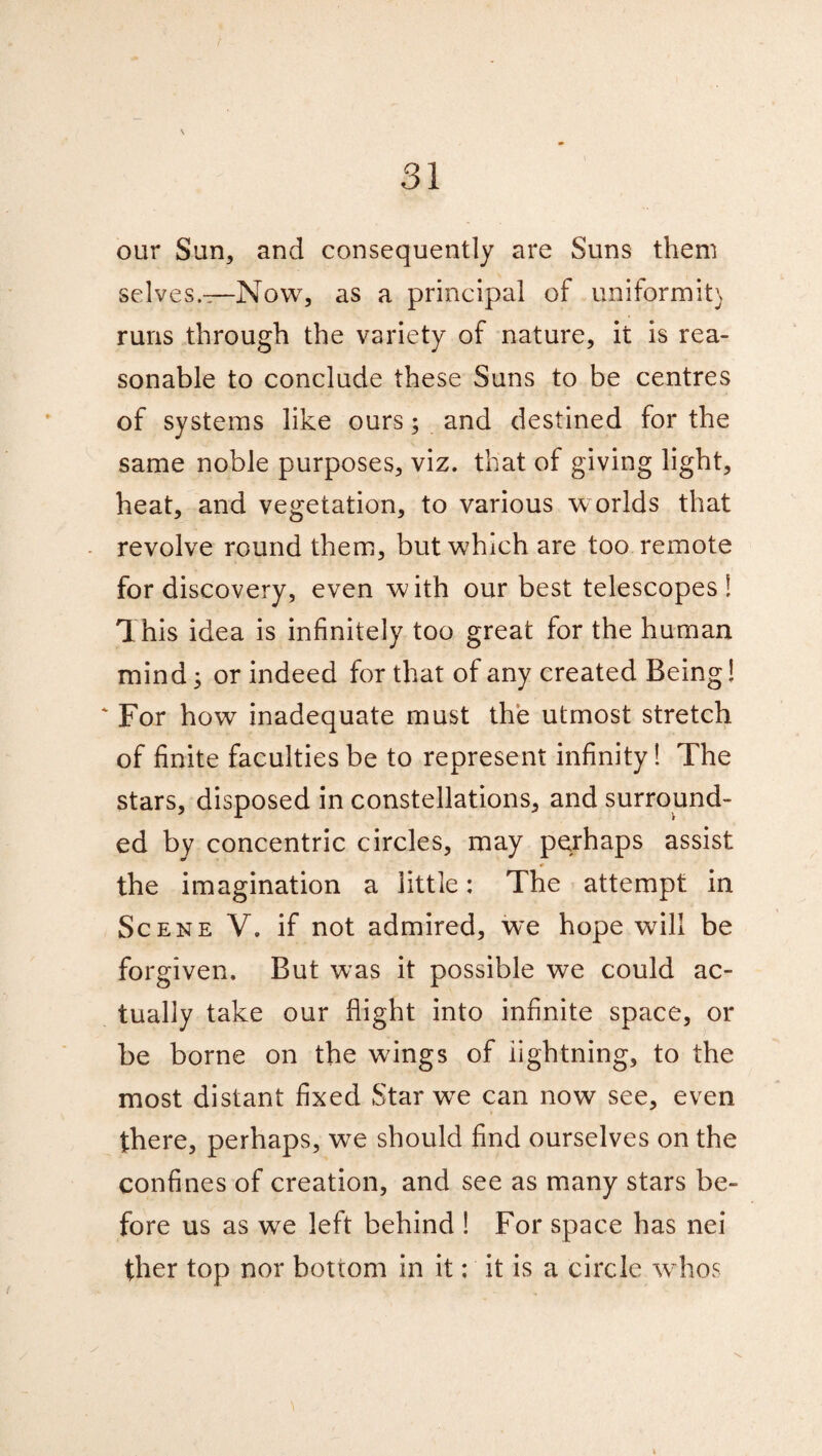 our Sun, and consequently are Suns them selves.—Now, as a principal of uniformit) runs through the variety of nature, it is rea¬ sonable to conclude these Suns to be centres of systems like ours; and destined for the same noble purposes, viz. that of giving light, heat, and vegetation, to various worlds that revolve round them, but which are too remote for discovery, even with our best telescopes! This idea is infinitely too great for the human mind; or indeed for that of any created Being! ‘ For how inadequate must the utmost stretch of finite faculties be to represent infinity! The stars, disposed in constellations, and surround¬ ed by concentric circles, may perhaps assist the imagination a little: The attempt in Scene V. if not admired, we hope will be forgiven. But was it possible we could ac¬ tually take our flight into infinite space, or be borne on the wings of iightning, to the most distant fixed Star we can now see, even there, perhaps, we should find ourselves on the confines of creation, and see as many stars be¬ fore us as we left behind ! For space has nei ther top nor bottom in it: it is a circle whos