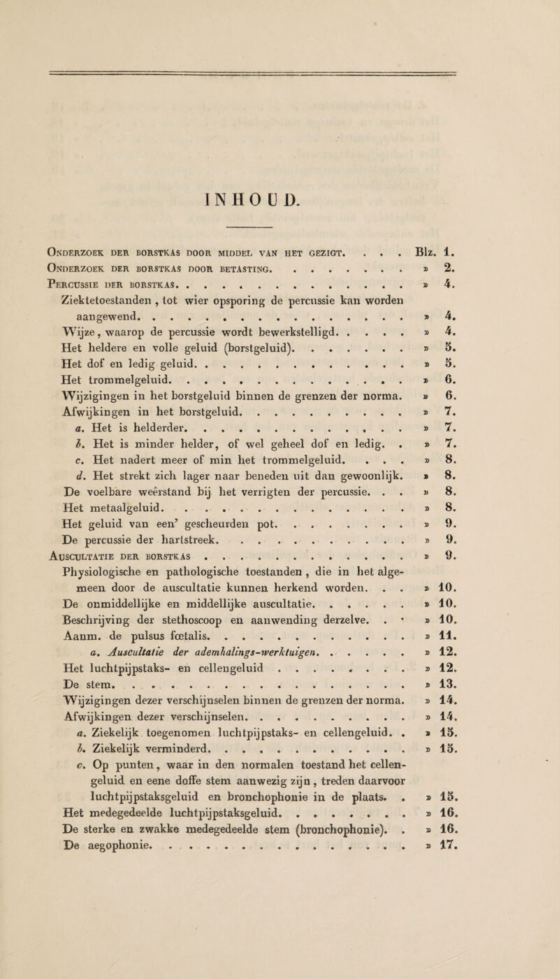 I N H o [J D. Onderzoek der borstkas door middel van het gezigt. . . . Blz. 1, Onderzoek der borstkas door betasting.»2. Percussie der borstkas.»4. Ziektetoestanden , tot wier opsporing de percussie kan worden aangewend.»4, Wijze, waarop de percussie wordt bewerkstelligd. .... »4. Het heldere en volle geluid (borstgeluid).»3. Het dof en ledig geluid.»5. Het tromraelgeluid.»6. Wijzigingen in het borstgeluid binnen de grenzen der norma. » 6. Afwijkingen in het borstgeluid.»7. a. Het is helderder...»7. 3. Het is minder helder, of wel geheel dof en ledig. . » 7. c. Het nadert meer of min het trommelgeluid. ... »8. d. Het strekt zich lager naar beneden uit dan gewoonlijk. » 8. De voelbare weerstand bij het verrigten der percussie. . . jj 8. Het metaalgeluid.»8. Het geluid van een’ gescheurden pot. ..»9. De percussie der hartstreek.»9. Auscultatie der borstkas...s 9. Physiologische en pathologische toestanden , die in het alge¬ meen door de auscultatie kunnen herkend worden. . . »10. De onmiddellijke en middellijke auscultatie. ..... »10. Beschrijving der stethoscoop en aanwending derzelve. . * »10. Aanm. de pulsus foetalis.» 11. a. Auscultatie der ademhalings-werJctuigen. ..... » 12. Het luchtpijpstaks- en cellengeluid ........ » 12. De stem. . ..» 13. Wijzigingen dezer verschijnselen binnen de grenzen der norma. » 14. Afwijkingen dezer verschijnselen.» 14. a. Ziekelijk toegenomen luchtpijpstaks- en cellengeluid. , » 13. h. Ziekelijk verminderd. . »13. c. Op punten, waar in den normalen toestand het cellen¬ geluid en eene doffe stem aanwezig zijn , treden daarvoor luchtpijpstaksgeluid en bronchophonie in de plaats. . » 13. Het medegedeelde luchtpij pstaksgeluid.» 16. De sterke en zwakke medegedeelde stem (bronchophonie). . »16. De aegophonie.» 17.