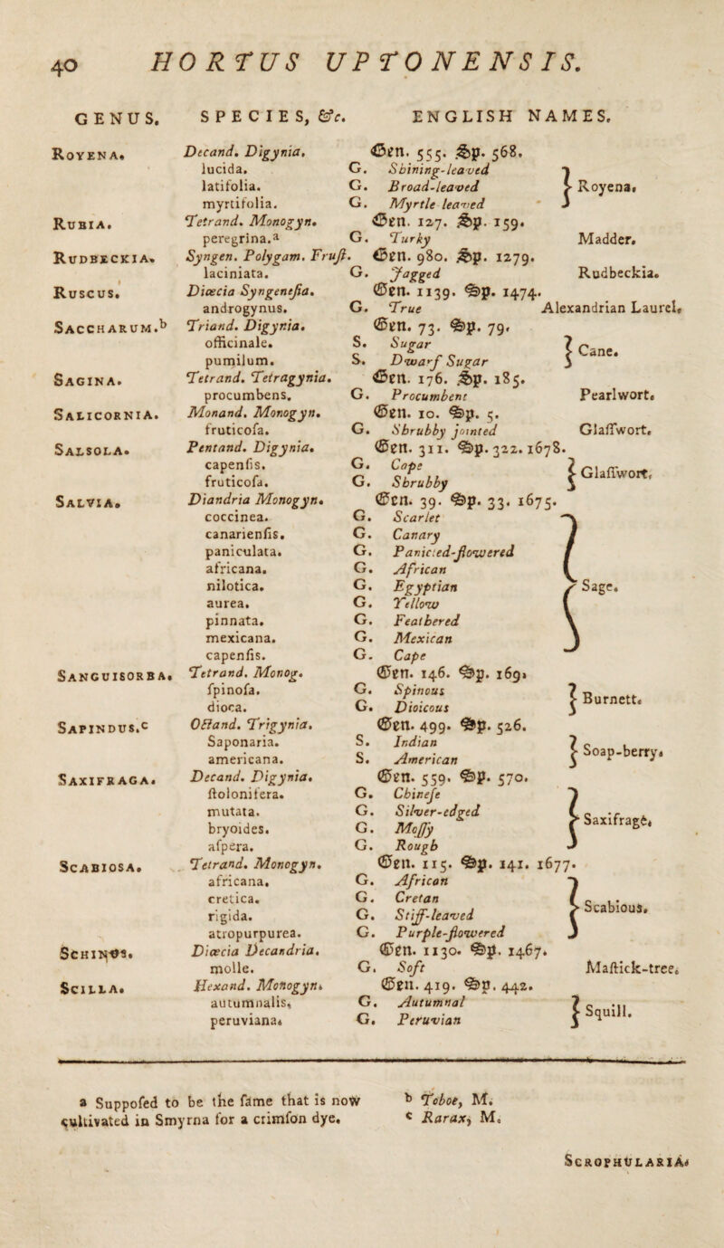 GENUS. Royen a* Rubia. Rudbecki a. » Ruscus. SACCH ARUM.b Sagina. Salicornia. Salsola. Salvia. SPECIES, &c. Dec and. Digynia, lucida. latifolia. myrtifolia. 4Tetrand. Monogyn peregrina.a ENGLISH NAMES, 45en. 555* &)?• 568. G. Shining-leaved G. Broad-leaved G. Myrtle leaved ^Ben. 127. &p. 159 G. Turky J Syngen. Poly gam. Fruji. <Bpn. 980. &p. 1279. Sanguisorba. Sapindus.c Saxifraga. ScABIOSA. Scmr^s. SciLLA. laciniata. Diaecia Syngenejia. androgynus. Triand. Digynia. officinale, pumilum. Tetrand. Tetragynia procumbens. Monand. Monogyn. f'ruticofa. Ptntand. Digynia. capenfis. fruticofa. Diandria Monogyn. coccinea. canarienfis. paniculata. africana. nilotica. aurea. pinnata. mexicana. capenfis. Tetrand. Monog. fpinofa. dioca. OBand. Trigynia. Saponaria. americana. Decand. Digynia. ftolonitera. mutata. bryoides. afpera. Tetrand. Monogyn. africana. cretica. rigida. atvopurpurea. Diaecia Decandtia. molle. Uexand. Monogyni autumnalis, peruviana. Royena, Madder. Rudbeckia. G. Jagg£d (Sen. 1139. ^p. 1474. G. True Alexandrian Laurel, (Sen. 73. ^>p. 79, S. Sugar ? p S. Dwarf Sugar $ ‘ 4Ben. 176. &p. 185, G. P rocumbent Pearlwort. (Sen. 10. %p. 5. G. Shrubby jointed Glaffwort, (Sen. 311. ^5>p. 322.1678. olf* ll £ Glaffwort, vr. obrubby 3 (Sen. 39. &p. 33,1675. G. Scarlet G. Canary G, Panicted-fowered G. African G. Egyptian G. Yellow G. Feathered G. Mexican G. Cape (Sen. 146. &p. 1691 G. Spinous G. Dioicous (Sen. 499. ^pp. 526. S. Indian S. American (Sen. 559* 570. G. Cbinejc G. Silver-edged G. Mcffy G. Rough (Sen. 115. &p. 141. 1677. G. African I l \ \ Burnett. £ Soap-berry. \ Saxifragfe* G. Cretan G. Stiff-leaved G. Purple-fowered (Sen. 1130. &p. 1467. G. Soft (Sen. 419. ^>p. 442. G. Autumnal G. Peruvian \ Scabious. Maftick-tree. ^ Squill, a Suppofed to be the fame that is now cultivated in Smyrna lor a crimfon dye. b Tcboe, M. c Raraxj M0 SeROPHtJLASlA*