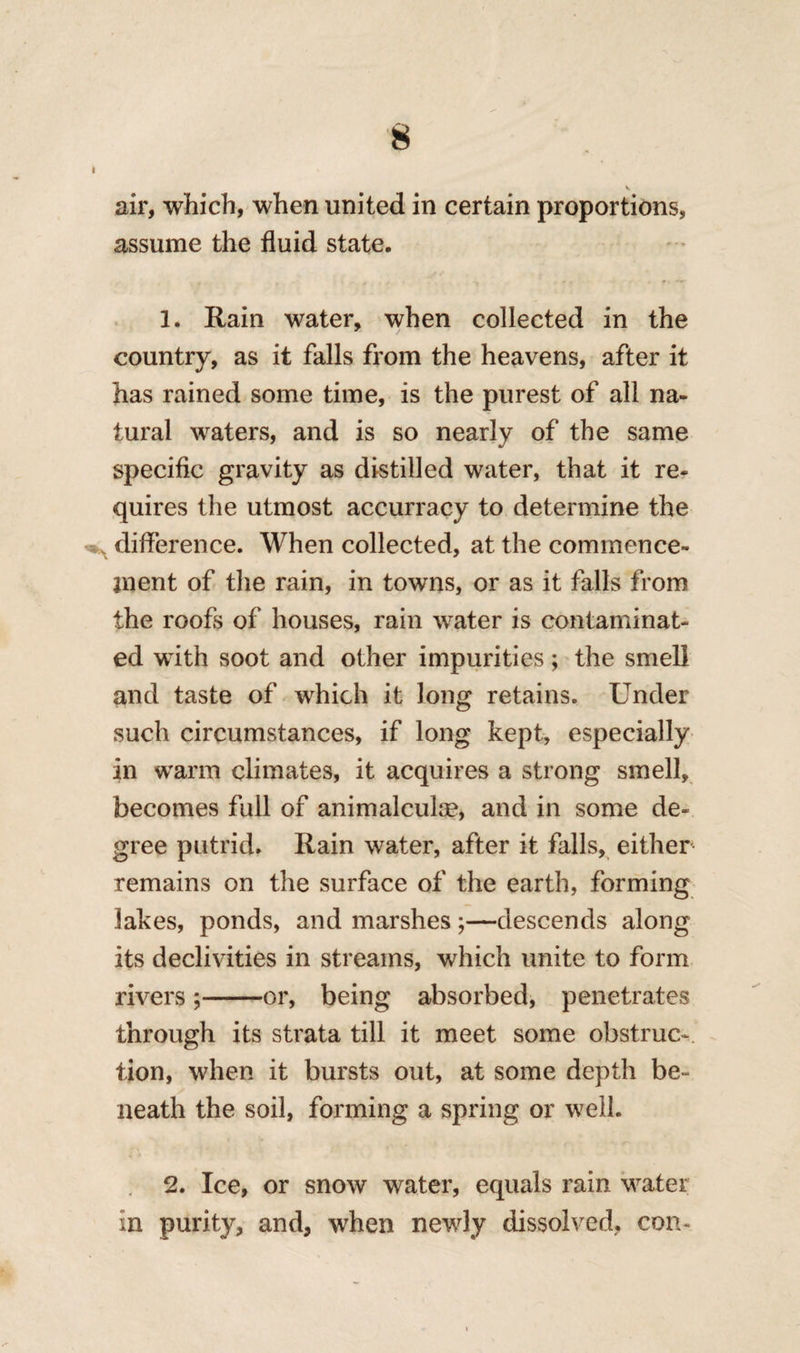 I air, which, when united in certain proportions, assume the fluid state. 1. Rain water, when collected in the country, as it falls from the heavens, after it has rained some time, is the purest of all na¬ tural waters, and is so nearly of the same specific gravity as distilled water, that it re¬ quires the utmost accurracy to determine the difference. When collected, at the commence¬ ment of the rain, in towns, or as it falls from the roofs of houses, rain water is contaminat¬ ed with soot and other impurities; the smell and taste of which it long retains. Under such circumstances, if long kept, especially in warm climates, it acquires a strong smell, becomes full of animalculse, and in some de¬ gree putrid. Rain water, after it falls, either remains on the surface of the earth, forming lakes, ponds, and marshes;—descends along its declivities in streams, which unite to form rivers ;-or, being absorbed, penetrates through its strata till it meet some obstruc¬ tion, when it bursts out, at some depth be¬ neath the soil, forming a spring or well. 2. Ice, or snow water, equals rain watei in purity, and, when newly dissolved, com