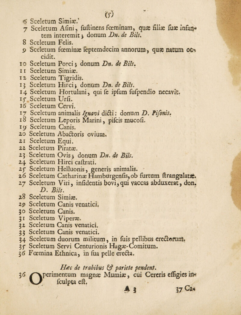 Sceletum Simia!.' 7 Sceletum Afini, fuflinens fceminam, qu» filiae fuse infan« tem interemit $ donum Dn. de Bils, 8 Sceletum Felis. 9 Sceletum fceminae feptemdecim annorum , qu» natum oc-s cidit. 10 Sceletum Porci j donum Dn* de Bih. 11 Sceletum Simias. iz Sceletum Tigridis. i} Sceletum Hirci j donum Dn. de Bils. 14 Sceletum Hortulani, qui fe ipfum fufpendio necavit, if Sceletum Urfi. 15 Sceletum Cervi. 17 Sceletum animalis Ignavi didi: donum D* Pifoms* 18 Sceletum Leporis Marini, pifcis mucofi. 19 Sceletum Canis. 20 Sceletum Abadoris ovium. 21 Sceletum Equi. 22 Sceletum Piratas. 23 Sceletum Ovis 5 donum Dn. de Bils* 24 Sceletum Hirci caftrati. 2f Sceletum Helluonis, generis animalis. 26 Sceletum Catharinas Hamburgenfis,ob furtum ftrangulatae* 27 Sceletum Viri, infidentis bovi,qui vaccas abduxerat, don. D. Bils. 28 Sceletum Simi». 29 Sceletum Canis venatici 30 Sceletum Canis. 31 Sceletum Viper». 32 Sceletum Canis venatici. 33 Sceletum Canis venatici. 34 Sceletum duorum militum, in fuis pellibus eredem m, 3f Sceletum Servi Centurionis Hagas-Comitum. 36 Foemina Ethnica, in (ua pelle ereda. Hac de trabibus & pariete pendent. perimentum magnas Mumias, cui Cereris effigies im fculpta eft,