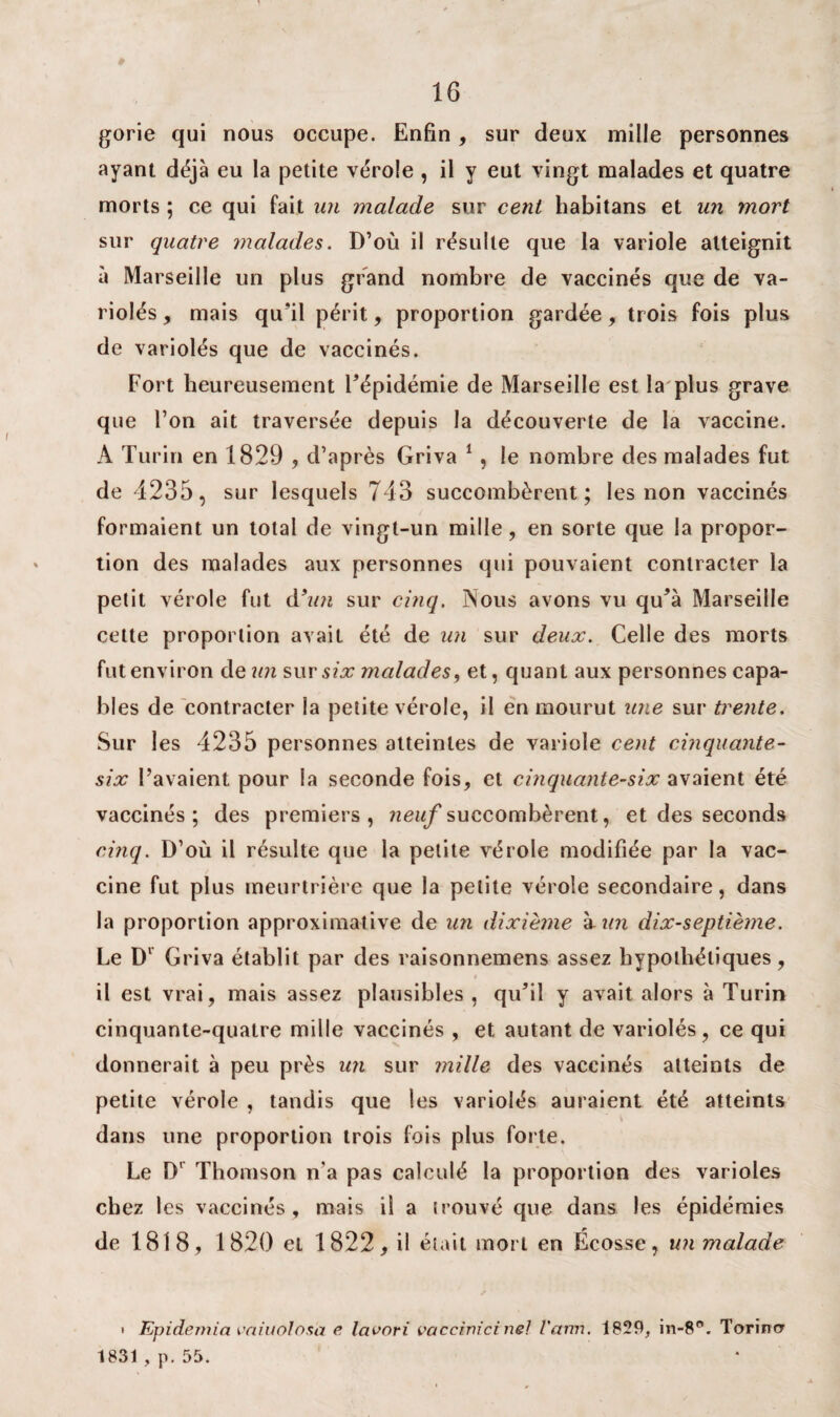 gorie qui nous occupe. Enfin, sur deux mille personnes ayant déjà eu la petite vérole , il y eut vingt malades et quatre morts ; ce qui fait un malade sur cent habitans et un mort sur quatre malades. D’où il résulte que la variole atteignit à Marseille un plus grand nombre de vaccinés que de va¬ riolés , mais qu'il périt, proportion gardée, trois fois plus de variolés que de vaccinés. Fort heureusement l'épidémie de Marseille est la plus grave que l’on ait traversée depuis la découverte de la vaccine. A Turin en 1829 , d’après Griva 1 , le nombre des malades fut de 4235, sur lesquels 743 succombèrent; les non vaccinés formaient un total de vingt-un mille, en sorte que la propor¬ tion des malades aux personnes qui pouvaient contracter la petit vérole fut d’un sur cinq. Nous avons vu qu'à Marseille cette proportion avait été de un sur deux. Celle des morts fut environ de un surs?# malades y et, quant aux personnes capa¬ bles de contracter la petite vérole, il en mourut une sur trente. Sur les 4235 personnes atteintes de variole cent cinquante- six l’avaient pour la seconde fois, et cinquante-six avaient été vaccinés; des premiers, neuf succombèrent, et des seconds cinq. D’où il résulte que la petite vérole modifiée par la vac¬ cine fut plus meurtrière que la petite vérole secondaire, dans la proportion approximative de un dixième à- un dix-septième. Le Dl Griva établit par des raisonnemens assez hypothétiques, 4 il est vrai, mais assez plausibles , qu'il y avait alors à Turin cinquante-quatre mille vaccinés , et autant de variolés, ce qui donnerait à peu près un sur mille des vaccinés atteints de petite vérole , tandis que les variolés auraient été atteints \ dans une proportion trois fois plus forte. Le D1 Thomson n'a pas calculé la proportion des varioles chez les vaccinés , mais il a (rouvé que dans les épidémies de 1818, 1820 et 1822, il était mort en Ecosse, un malade s > Epidemia vaiuolosa e lavori vaccinicinel l'arm. 1829, in-8°. Torincr 1831, p. 55.