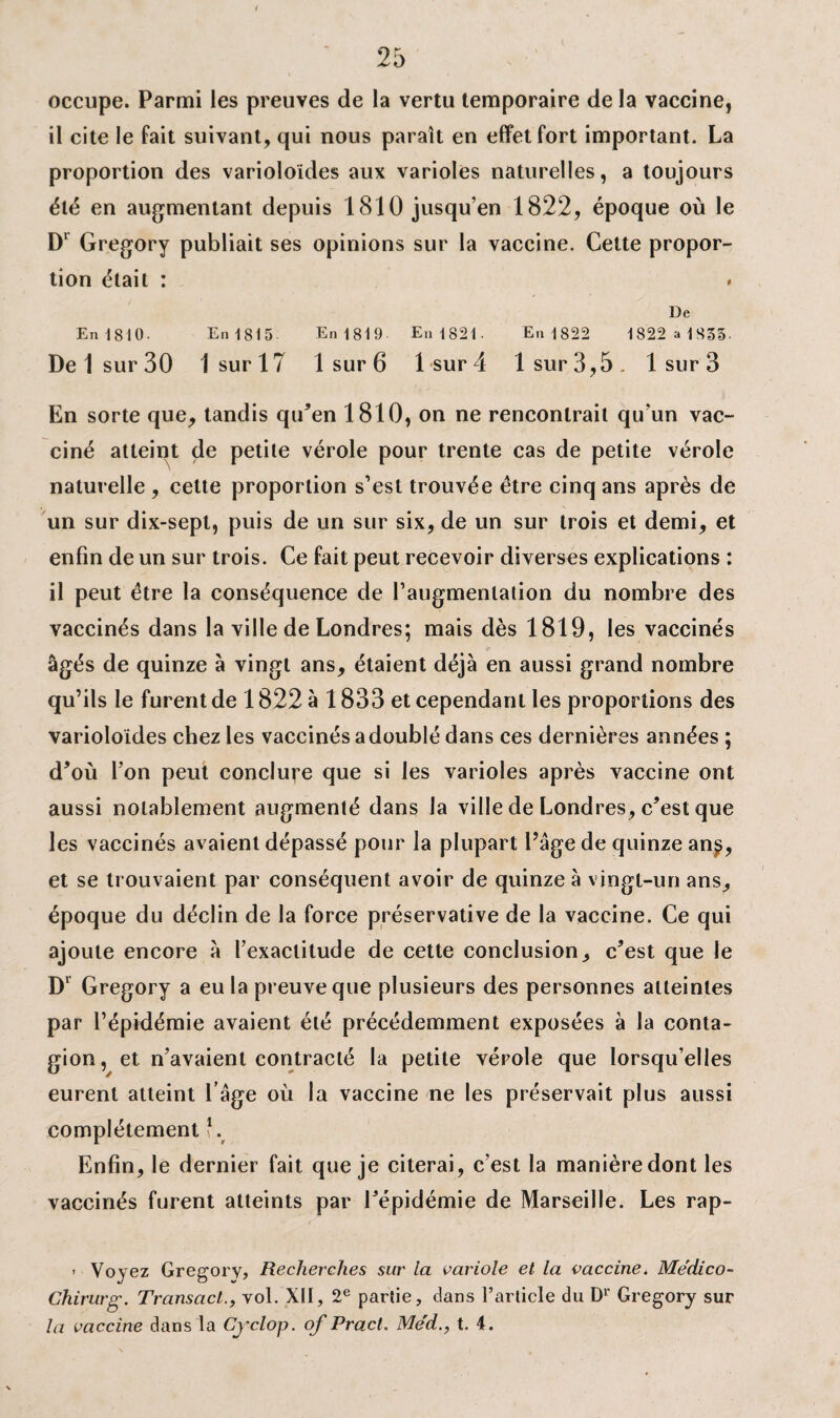 occupe. Parmi les preuves de la vertu temporaire de la vaccine, il cite le fait suivant, qui nous paraît en effet fort important. La proportion des varioloïdes aux varioles naturelles, a toujours été en augmentant depuis 1810 jusqu’en 1822, époque où le Dl Gregory publiait ses opinions sur la vaccine. Cette propor¬ tion était : * l)e En 1810. En 1815 En1819. En 1821. En1822 1822 a1S33. Del sur 30 IsurlT 1 sur 6 1 sur 4 1 sur 3,5. 1 sur 3 En sorte que, tandis qu’en 1810, on ne rencontrait qu'un vac¬ ciné atteint de petite vérole pour trente cas de petite vérole naturelle , cette proportion s’est trouvée être cinq ans après de un sur dix-sept, puis de un sur six, de un sur trois et demi, et enfin de un sur trois. Ce fait peut recevoir diverses explications : il peut être la conséquence de l’augmenlation du nombre des vaccinés dans la ville de Londres; mais dès 1819, les vaccinés âgés de quinze à vingt ans, étaient déjà en aussi grand nombre qu’ils le furent de 1822 à 1833 et cependant les proportions des varioloïdes chez les vaccinés a doublé dans ces dernières années ; d’où Ton peut conclure que si les varioles après vaccine ont aussi notablement augmenté dans la ville de Londres, c’est que les vaccinés avaient dépassé pour la plupart l’âge de quinze an£, et se trouvaient par conséquent avoir de quinze à vingt-un ans, époque du déclin de la force préservative de la vaccine. Ce qui ajoute encore à l’exactitude de cette conclusion, c’est que le Dl Gregory a eu la preuve que plusieurs des personnes atteintes par l’épidémie avaient été précédemment exposées à la conta¬ gion, et n’avaient contracté la petite vérole que lorsqu’elles eurent atteint l âge où la vaccine ne les préservait plus aussi complètement ?. Enfin, le dernier fait que je citerai, c’est la manièredont les vaccinés furent atteints par l’épidémie de Marseille. Les rap- 1 Voyez Gregory, Recherches sur la variole et la vaccine* Me'dico- Chirurg. Transacl., vol. XII, 2e partie, dans l’article du Dr Gregory sur la vaccine dans la Cyclop. of Pract. Me'd.? t. 4.