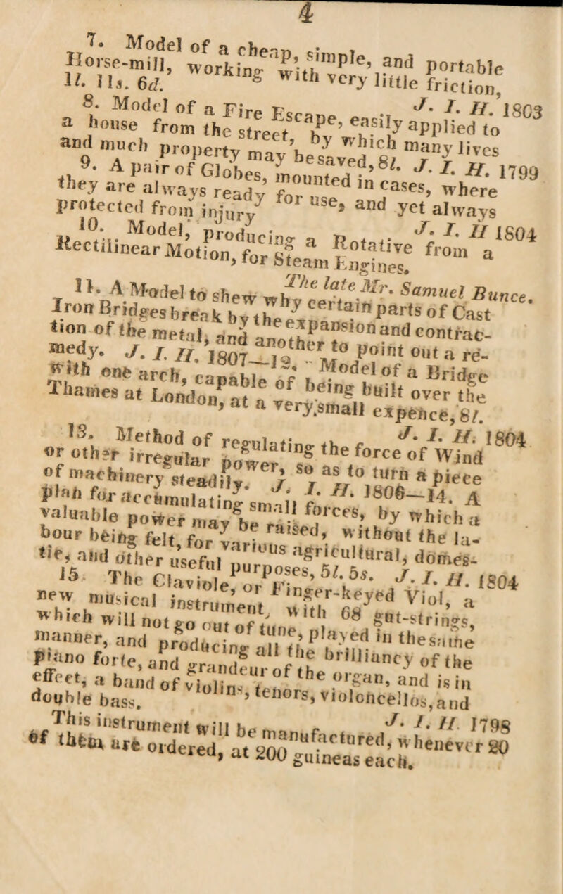 8- ModcI of a Fire Escane « •, J% T' H• 1803 a house from the street hv ’ J.Sl!y aPP,ied to and much property may beswd's/ m^nJlives 9. A pair of Globes, mounted in L 11 ’ 1799 oey aie always ready for nw abases, where protected from injur/ s and >'et always 10 Model, producing a nA, ♦ • ^ L ** 1S04 Rectilinear Motion, for Steam Kngtnes?  “ IR A Model to shew whSamwLBu™- Iron Bridges break b yt he // af ” par(s of Cast tion of the metal mi) pansionand contrac- S3* Tl.an.ee a, London, at a' ^2,^^ ,S* Method of refrulatinc^v, e ^ E If; 1804 or other irregular now/ / <he f°rCe of Willd of machinery steadHv r r &SJ° tUrn a P'';aforaccL„u3snji ,£/A >“«-»■ A valuable power may he / i ?, C€S> ^ which a hour being feIt f // nil5ed> without the la- <««“, and other Jseful purposes^^/'tUrfel’ d0^8- i5 The Claviole1 S ’ l\5s' J- *• H- 1804 B**w musical imtrumen, * Viol, a wh,«l» will not go out of ton ’*! 68 ^‘-strings, manner, and producing -ill ii ,?l\ed 1,1 tflesaihe P-ano forte, and grandfu of th ’UnC’V of 1,,e a band of violins wL‘h 0,,gan’ llnd «in double bass-. n »tenors, violoncellos,and