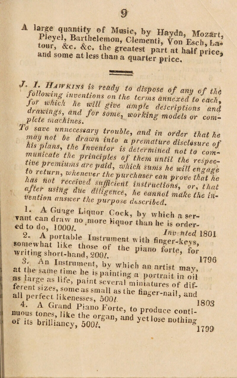 A 'SeTS;f Mus;°,’ by »•**>, m»«n, <ou7 A? <T°’ Clementi’ Von Esch.La- our, &c. &c. the greatest part at half price 11,11 some at less than a quarter price. 9 J'J;, U read9 *0 dispose of any o f the ff™kfchn2n“m the terms draMnf Ji t f l gW‘ “mp/e ^Options and pMeZcCes/ S°me’ *oMng mode's or com- TOJ,7notZeTary t-?l‘le’ ttnd in that he HU Liana the T ° •“ Premature disclosure of muMcaUnel - 7 18?eterMi™d not to com, tlZT Principles oj them until the reaper tb return Zh ^***?’ mi6k SUrtiS he wiU **g«g* has not T' ^Phaser can prove that he after usiZdZdZfCient instrdclionst or, that vintiBn ant , Z h* CUntlot ma/<e *** **«- ention answer the purpose described. rsitcMHrn?* Lif|‘’r fot'k’ by whichaser- ed to do, woo0 -ra°re qUOr t,WD he is order- 2. A portable Instrument w ith finger-keys *801 somewhat like those of the oiano £7 r ’ writing short-hand, SOOt. 1 ‘ ’ for. 3. An Instrument, by which an artist mav as a7ea'asei'ife 6 ^ i,Spaintin« tt Portrait in oil as iai e as life, paint several miniatures of rlif ferent sizes, some as small as the finger-naU .and all perfect likenesses, 5001 “ dnd.ano