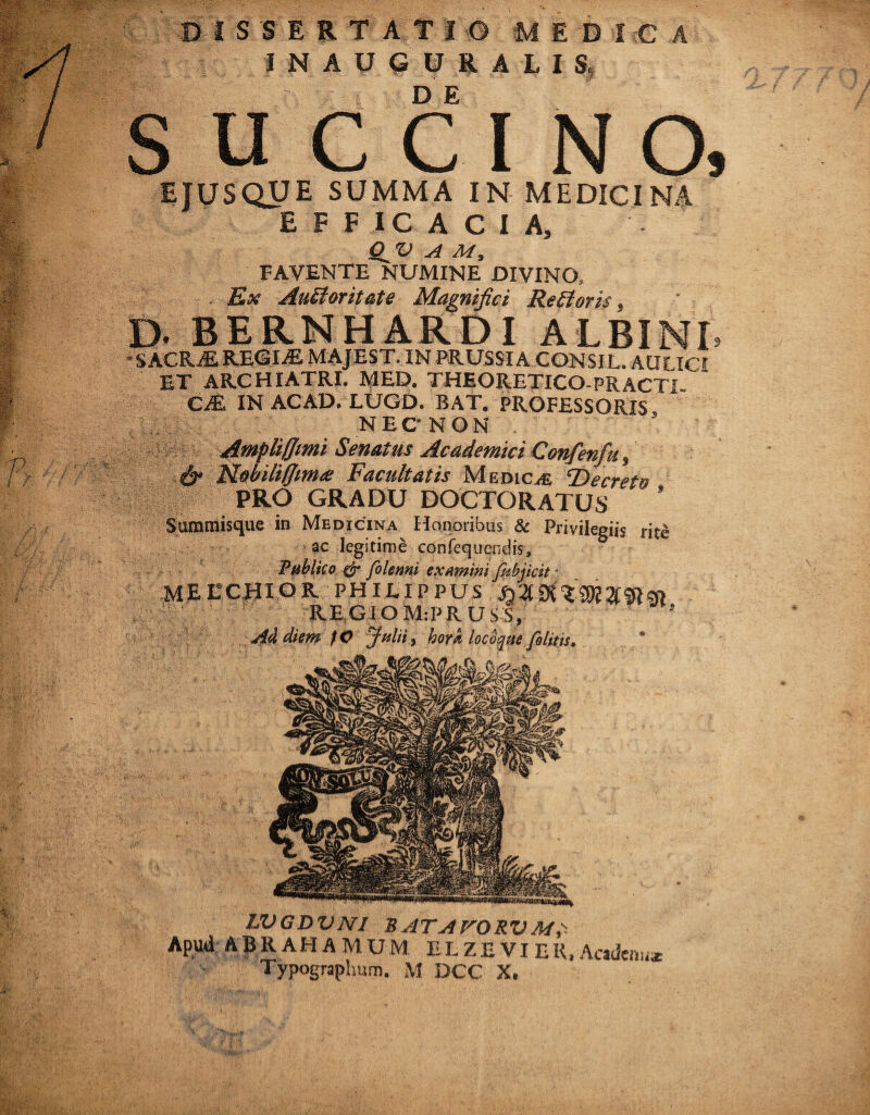 iggpByr? - yy* - - , DISSERTATIO MEDICA INAUGURALIS. S UCCI NO, EJUSQUE SUMMA IN MEDICINA EFFICACIA, QJV A M, FAVENTE NUMINE DIVINO, . Ex Autior it at e Magnifici Reti oris, D. BERNHARDI ALBINI. •SACRiEREGIiE MAJEST. IN PRUSSIA CONSIL. AUr IGI ET ARCHIATRI. MED. THEORETICO-PRACTI. CM IN ACAD. LUGD. BAT. PROFESSORIS, NECNON . Ampliffmi Senatus Academici Confenfu, & Nobili (fima: Facultatis Medicae Decreto PRO GRADU DOCTQRATUS Summisque in Medicina Honoribus & Privilegiis rite ac legitime confequendis. Publico c'r /blenni examini fubjicit - MECCHIOR PHILIPPUS REGIOM:PRUSS, Ad diem fO Julii, hora locoque filitis. LVGDVJVI BATAVORVM^ Apud ABRAHAMUM ELZEVIER,Acadenuse Typographum. M DCC X.