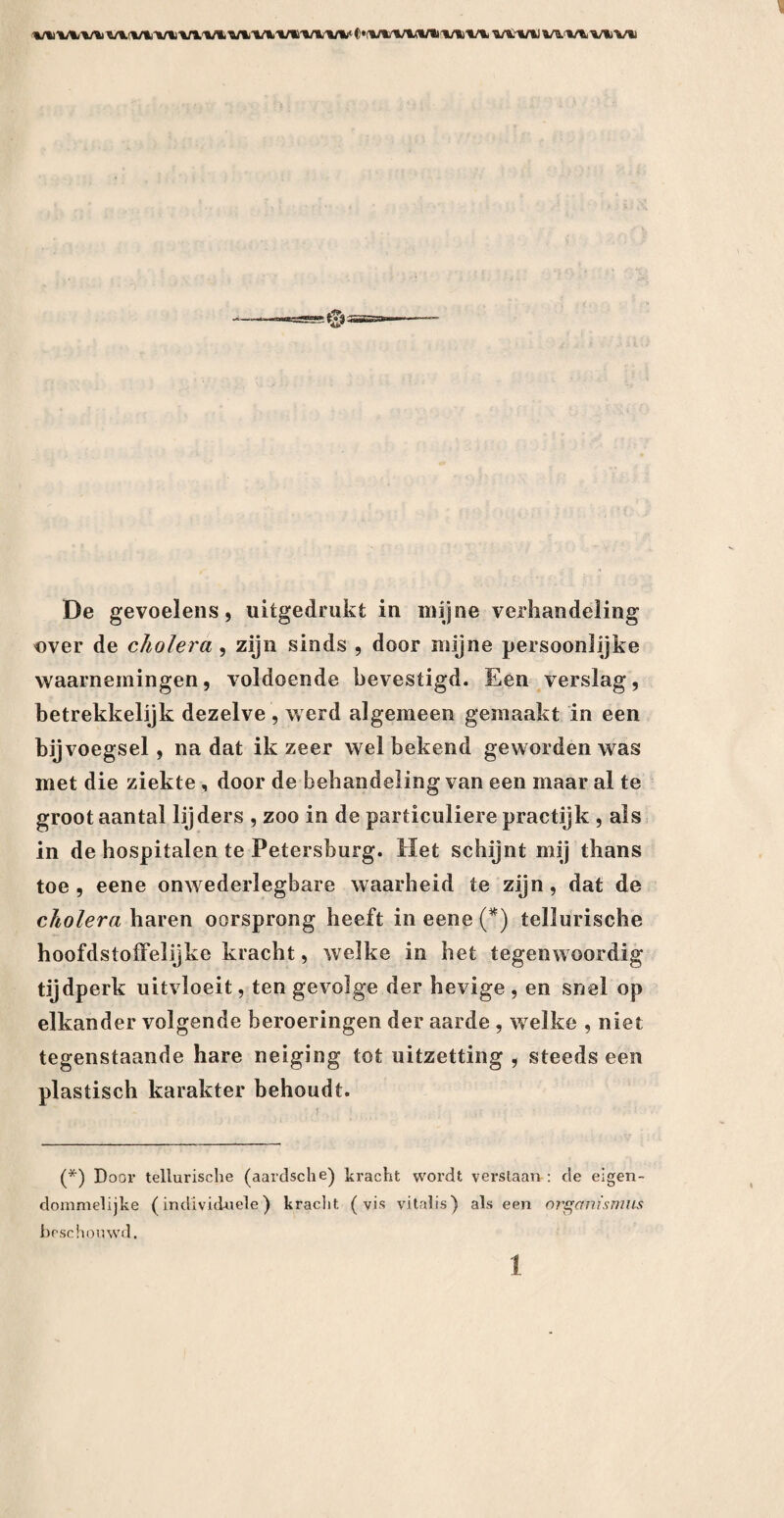vti vvv%i vit’V» i/ivn vimvfcvn De gevoelens, uitgedrukt in mijne verhandeling «ver de cholera , zijn sinds , door mijne persoonlijke waarnemingen, voldoende bevestigd. Een verslag, betrekkelijk dezelve , werd algemeen gemaakt in een bijvoegsel , na dat ik zeer wel bekend geworden was met die ziekte , door de behandeling van een maar al te groot aantal lijders , zoo in de particuliere practijk , als in de hospitalen te Petersburg. Het schijnt mij thans toe, eene onwederlegbare waarheid te zijn, dat de cholera haren oorsprong heeft in eene (*) tellurische hoofdstoffelijke kracht, welke in het tegenwoordig tijdperk uitvloeit, ten gevolge der hevige , en snel op elkander volgende beroeringen der aarde , welke , niet tegenstaande hare neiging tot uitzetting , steeds een plastisch karakter behoudt. (*) Door tellurische (aardsche) kracht wordt verstaan: de eigen¬ dommelijke (individuele) kracht (vis vitalis) als een organismus beschouwd.
