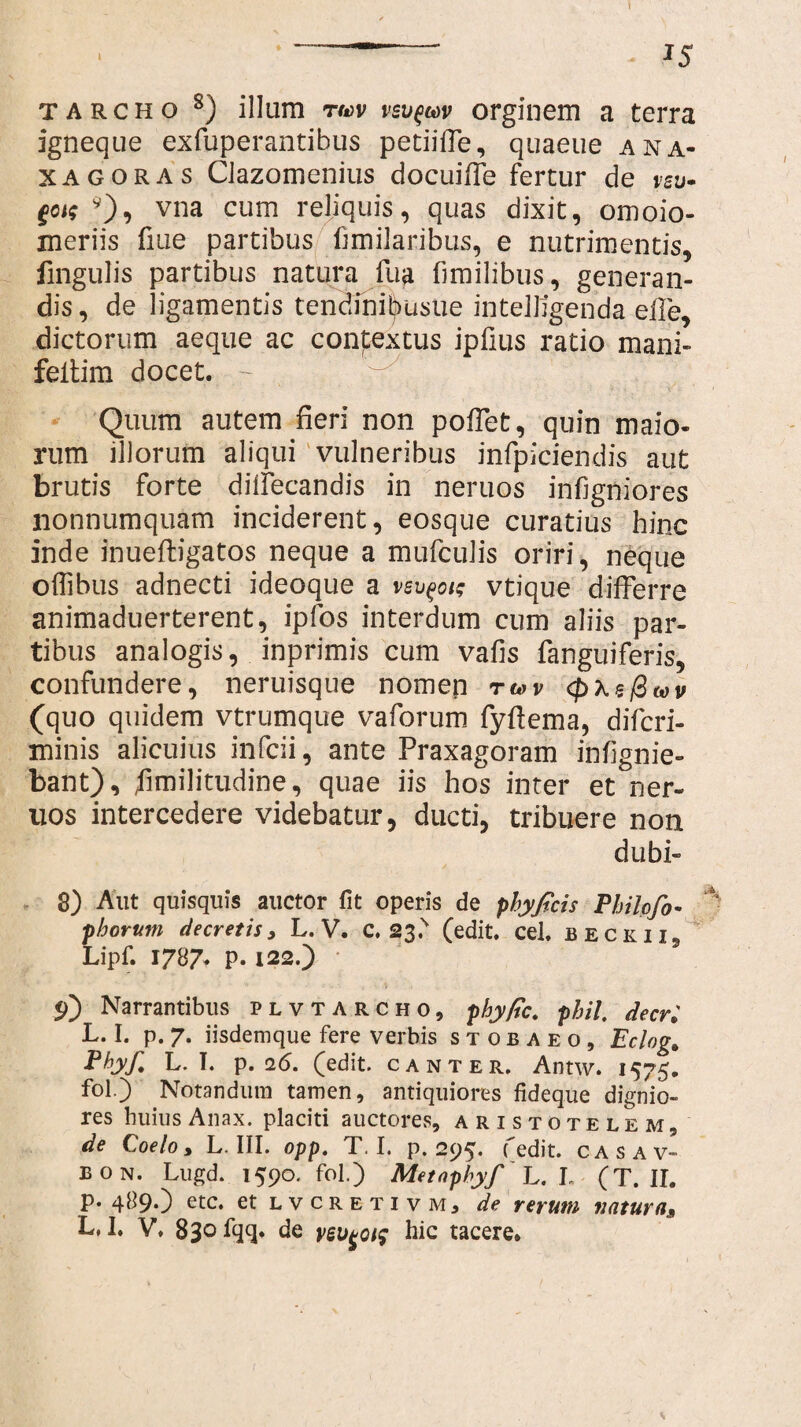 t tarcho s) illam rwv veuQw orginem a terra igneque exfuperantibus petiifle, quaeue a na¬ xa goras Clazomenius docuifle fertur de vsv* eois9'), vna cum reliquis, quas dixit, omoio- meriis fiue partibus hmilaribus, e nutrimentis, lingulis partibus natura fua fimilibus, generan¬ dis , de ligamentis tendfni^usue intelligenda elle, dictorum aeque ac contextus ipfms ratio mani- feltim docet. - Quum autem fieri non pofTet, quin maio¬ rum illorum aliqui vulneribus infpiciendis aut brutis forte dilfecandis in neruos infigniores nonnumquam inciderent, eosque curatius hinc inde inueftigatos neque a mufculis oriri, neque offihus adnecti ideoque a vsv^ois vtique differre animaduerterent, ipfos interdum cum aliis par¬ tibus analogis, inprimis cum vafis fanguifefis, confundere, neruisque nomen ru>v tyxefiwv (quo quidem vtrumque vaforum fyflema, difcri- minis alicuius infcii, ante Praxagoram infignie- bant), Similitudine, quae iis hos inter et ner¬ uos intercedere videbatur, ducti, tribuere non dubi- 3) Aut quisquis auctor fit operis de phyficis Philofo- A phorum decretis, L. V. c. 2$( (edit, cel, beckiis Lipf. 1787. p. 122.) SD Narrantibus plvtarcho, phyftc. pbil. decri L. I. p. 7. iisdemque fere verbis stobaeo, Eclog, Pbyf. L. T. p. 26. (edit, canter. Antw. 1575. fol) Notandum tamen, antiquiores fideque dignio¬ res huius Anax. placiti auctores, Aristotelem, de Coelo, L. III. opp. T. I. p. 295. (edit, casav- BOn. Lugd. 1590. fol.) Metnpbyf L. L (T. II. P* 41190 ctc. et lvcreti vMj de rerum sintum, L. I. V. 830 fqq. de veu£Qt$ hic tacere» s