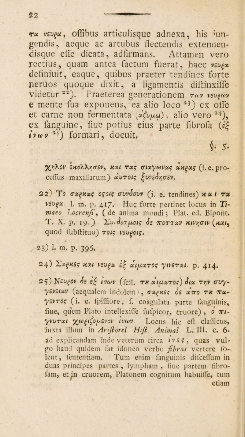 roc vsv^oi, oflibus articulisque adnexa, his 'un¬ gendis, aeque ac artubus flectendis extenaen- disque efle dicata, adfirmans. Attamen vero rectius, quam antea factum fuerat, haec vsu^x definiuit, eaque, quibus praeter tendines forte peruos quoque dixit, a ligamentis diflinxifle videtur 22). Praeterea generationem rav vsv^v e mente fu a exponens, ea alio loco *3) ex olle et carne non fermentata , alio vero 24), ex fanguine, flue potius eius parte fibrofa (e£ ivtov 2>) formari, docuit# §; 5- sxoWvffSVi xxt rx$ tnxyuvxs uxpocg (i. e. pro¬ cerius maxillarum) sS/jGSV. 22) To (TXQX&s ogoig (tvvSgvv (i. e. tendines) acti roc vsvqx 1. m. p. 417. Huc forte pertinet locus in Ti¬ maeo Locrenfi\ ( de anima mundi; Piat. ed. Bipont. T. X. p. 19.) Z.V^2(7y,0ig Js 7TGTTXV KiVy-CTiV quod fubftituo) toi$ vsugoig, •* I 23) 1. m, p. 396, 24) Zxgxs; xxi vsvgx xiyxro; ytvsrxi. p. 414. 25) Neu^oi/ sj: lvu>v (pcq# rig ociy,xTo;) Jix rry avy- ysvsixv (aequalem indolem), c-x^as; is xtto ra 7ra- . ysvrog (i. e. fpifllorc, f. coagulata parte languinis, fiue, quem Plato intellexilfe fufpicor, Cruore) , 0 yvbrxi xwgi&yevov ivwv Locus liic effc clafficus, iuxta illum in Anftotel Hift Animal L. III. c. 6« ad explicandam inde veterum circa /»'$?, quas vul¬ go haud quidem fat idoneo verbo fibras vertere lo- lent, fententiam. Tum enim fanguinis dilcefluin in duas principes partes , lympham 3 fiue partem fibro- fam, et jn cruorem, Platonem cognitum habuilTc, tum etiam