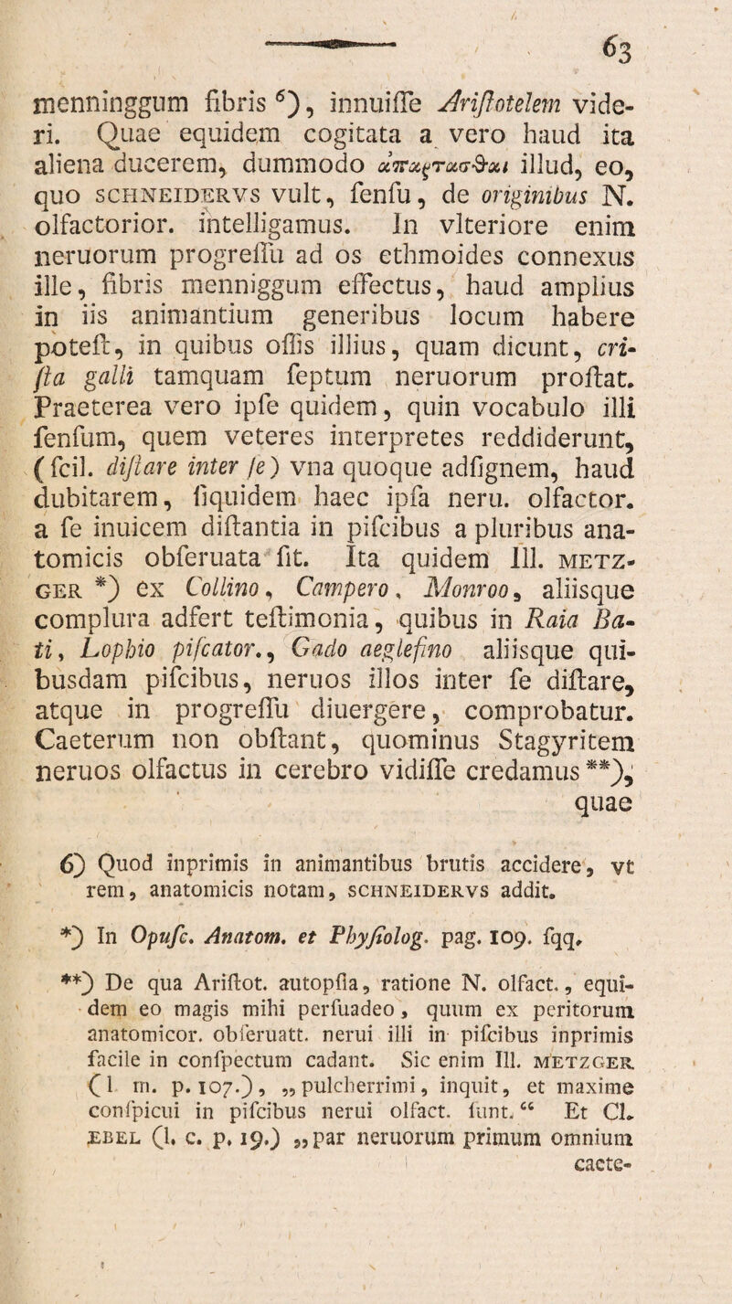 menninggum fibris6), innuifle ^riftotelem vide¬ ri. Quae equidem cogitata a vero haud ita aliena ducerem, dummodo die^rot^ou illud, eo, quo schneidervs vult, fenfu, de originibus N. olfactorior. intelligamus. In vlteriore enim neruorum progreflu ad os ethmoides connexus ille, fibris menniggum effectus, haud amplius in iis animantium generibus locum habere potefl, in quibus offis illius, quam dicunt, eri¬ lia galli tamquam feptum neruorum proflat. Praeterea vero ipfe quidem, quin vocabulo illi fenfum, quem veteres interpretes reddiderunt, (fcil. diftare inter /e) vna quoque adfignem, haud dubitarem, liquidem haec ipfa neru. olfactor, a fe inuicem diftantia in pifeibus a pluribus ana¬ tomicis obferuata fit. Ita quidem 113. metz- ger *) ex Collino, Campero, Monroo 9 aliisque complura adfert teftimonia, quibus in Raia Ba- ti, Lophio pifcator., Gado aeglefino aliisque qui¬ busdam pifeibus, neruos illos inter fe diftare, atque in progreffu diuergere, comprobatur. Caeterum non obflant, quominus Stagyritem neruos olfactus in cerebro vidiffe credamus **), quae 6) Quod inprimis in animantibus brutis accidere, vt rem, anatomicis notam, schneidervs addit. *) In Opufi. Anatom, et Phyfiolog. pag. 109. fqq, **) De qua Ariflot. autopfia, ratione N. olfact., equi¬ dem eo magis mihi perfuadeo, quum ex peritorum anatomicor. obferuatt. nerui illi in pifeibus inprimis facile in confpectum cadant. Sic enim 111. metzger, O rn. p. 107.5, „ pulcherrimi, inquit, et maxime confpicui in pifeibus nerui olfact. funt. “ Et CL ebel (1, c. p. 19,5 „par neruorum primum omnium cacte-