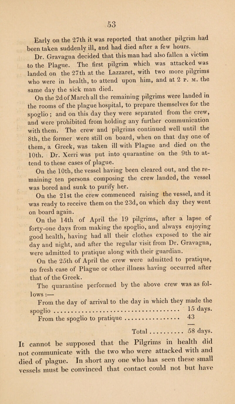 Early on the 27th it was reported that another pilgrim had been taken suddenly ill, and had died after a few houis. Dr„ Gravagna decided that this man had also fallen a victim to the Plague. The first pilgrim which was attacked was landed on the 27th at the Lazzaret, with two more pilgrims who were in health, to attend upon him, and at 2 p. m. the same day the sick man died. On the 2d of March all the remaining pilgrims were landed in the rooms of the plague hospital, to prepare themselves for the spoglio ; and on this day they were separated from the crew, and were prohibited from holding any further communication with them. The crew and pilgrims continued well until the 8th, the former were still on board, when on that day one of them, a Greek, was taken ill with Plague and died on the 10th. Dr. Xerri was put into quarantine on the 9th to at¬ tend to these cases of plague. On the 10th, the vessel having been cleared out, and the re¬ maining ten persons composing the crew landed, the vessel was bored and sunk to purify her. On the 21st the crew commenced raising the vessel, and it was ready to receive them on the 23d, on which day they went on board again. On the 14th of April the 19 pilgrims, after a lapse of forty-one days from making the spoglio, and always enjoying good health, having had all their clothes exposed to the air day and night, and after the regular visit from Dr. Gravagna, were admitted to pratique along with their guardian. On the 25th of April the crew were admitted to pratique, no fresh case of Plague or other illness having occurred after that of the Greek. The quarantine performed by the above crew was as fol¬ lows :— From the day of arrival to the day in which they made the spoglio. days. From the spoglio to pratique. 43 Total. 58 days. It cannot be supposed that the Pilgrims in health did not communicate with the two who were attacked with and died of plague. In short any one who has seen these small vessels must he convinced that contact could not but have