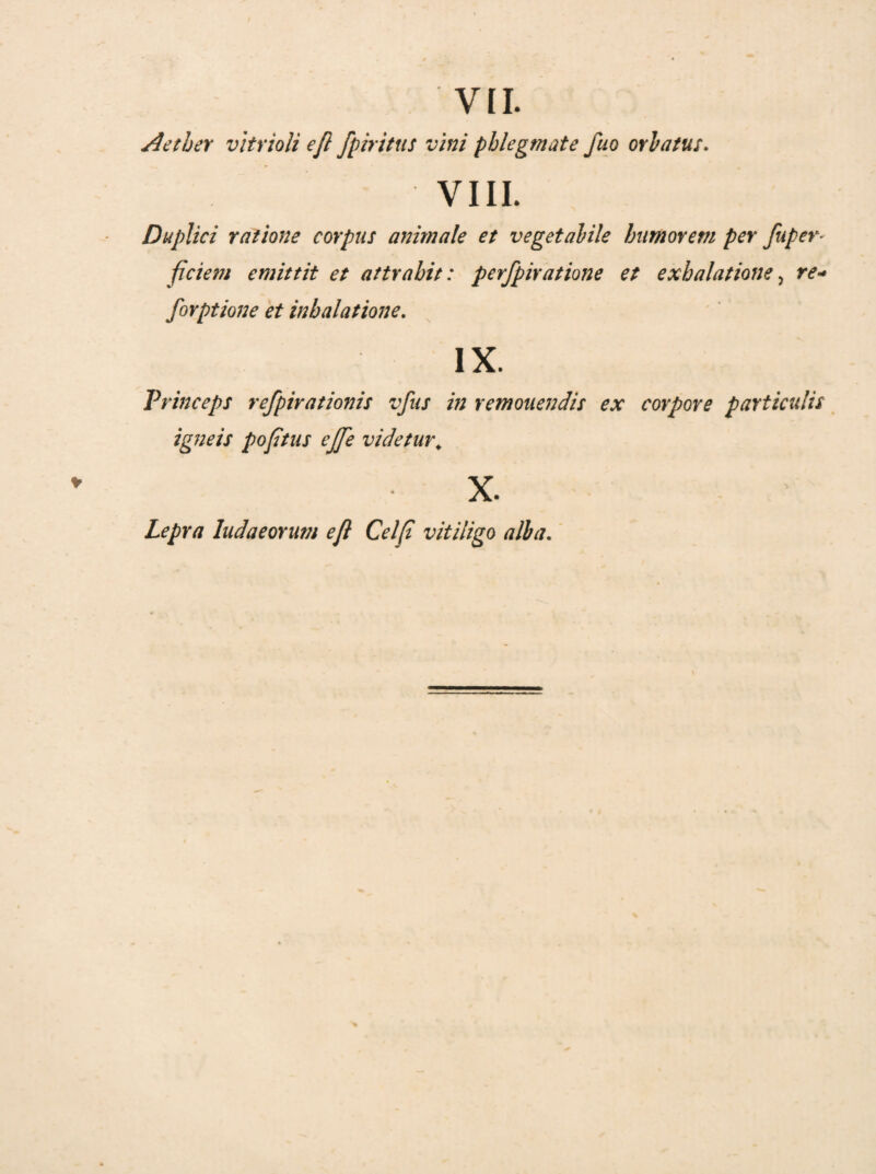 Aether vitrioli efi fpiritus vini phlegmate fuo orbatus. VIII. Duplici ratione corpus animale et vegetabile humorem per fuper- ficiem emittit et attrahit: perfpiratione et exhalatione, re- forptione et inhalatione. ix. Princeps refpirationis vfus in remouendis ex corpore particulis igneis pofitus ej[e videtur, x. Lepra ludaeorum ejl Cel(i vitiligo alba.