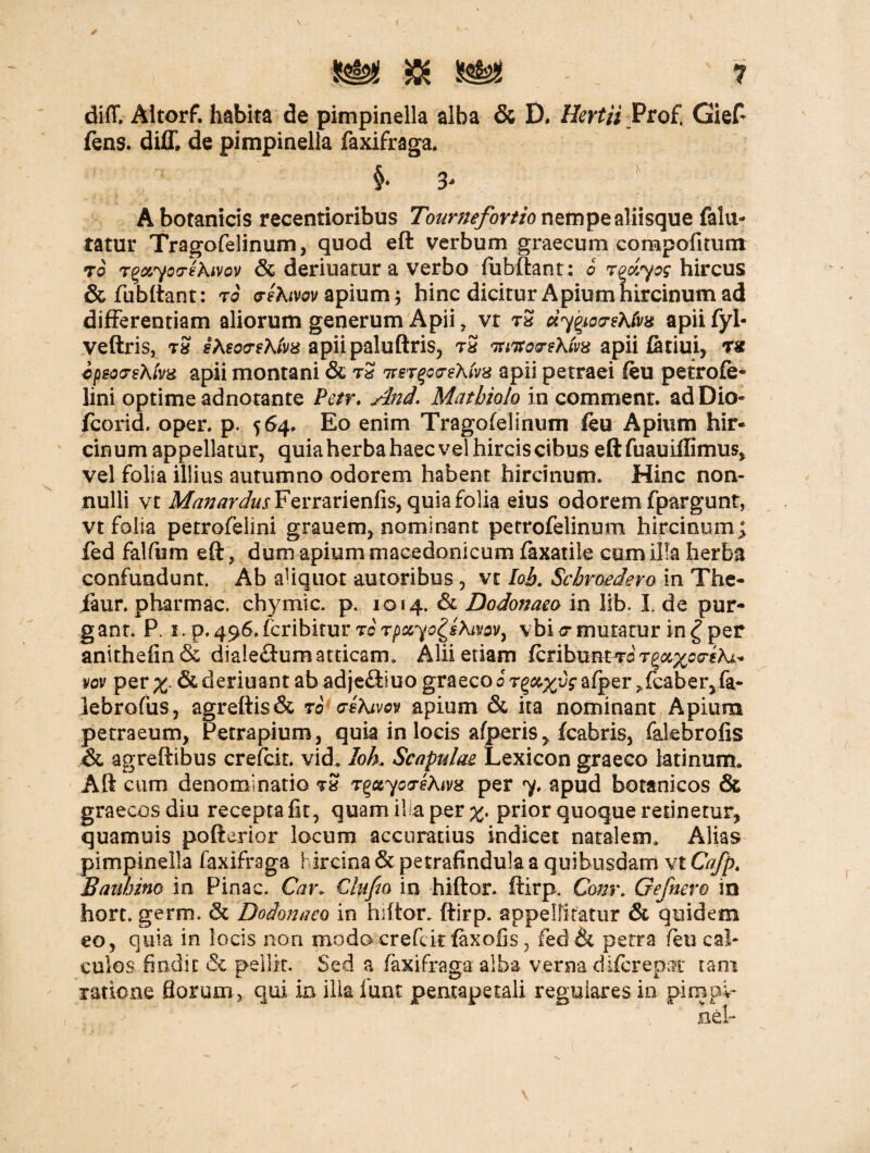 ; i - 7 diff, Altorf. habita de pimpinella alba & D. Hertii Prof, Gief- fens. diff, de pimpinella faxifraga. §♦ 3* A botanicis recentioribus Tournefortio nempe aliisque falu- tatur Tragofelinum, quod eft verbum graecum compofitum to r^yoa-ehivov & deriuatur a verbo fubftant: 6 rAyog hircus & fubftant: ro aeKivov apium; hinc dicitur Apium hircinum ad differentiam aliorum generum Apii, vt tS dy^ocreKfva apii fyl« veftris, tS iAeoceKhz apiipaluftris, tS 'mvoo-eXivx apii fatiui, r* cpeoG-sXiva apii montani & tS tTerqca-eXivx apii petraei feu petrofe- lini optime adnotante Petr. And. Matbiolo in comment. ad Dio- fcorid. oper. p. 564. Eo enim Tragofelinum feu Apium hir¬ cinum appellatur, quia herba haec vel hircis cibus eftfuauiflimus, vel folia illius autumno odorem habent hircinum. Hinc non¬ nulli vt il^^r^xFerrarienfis, quia folia eius odorem fpargunt, vt folia petrofelini grauem, nominant petrofelinum hircinum; fed falfum eft, dum apium tnaeedonicum faxatile cum illa herba confundunt. Ab aliquot autoribus, vt lob. Scbraedero in The- iaur. pharmac. chymic. p. 1014. & Dodonaea in lib. I de pur¬ gant. P. 1. p. 496. fcribitur rc rpccycgifavev, vbi <t mutatur in £ per anithefin& diale&umatticam. Alii etiam fcribirntrorgo^oc-f.^ vov per x & deriuant ab adje&luo graeco 0 tafper >fcaber>fa- iebrofus, agreftis& to eehivov apium & ita nominant Apium petraeum, Petrapium, quia in locis afperis, fcabris, falebrofis & agreftibus crefcit. vid. lob, Scapulae Lexicon graeco latinum. Aft cum denominatio tS T%ayo<reXiv% per y. apud botanicos & graecos diu recepta fit, quam ilia per prior quoque retinetur, quamuis pofterior locum accuratius indicet natalem. Alias pimpinella faxifraga hircina & petrafindula a quibusdam vt Cafp. Baithim in Pinae. Car, Cliifm in hiftor. ftirp. Com\ Gefnero in hort. germ. & Dodonaeo in hiftor. ftirp. appellitatur & quidem eo, quia in locis non modo crefcit faxofis, fed £k petra feu cal¬ culos findit & pellit. Sed a faxifraga alba verna diferepat tam ratione florum, qui in ilia limt pentapetali regulares in pimpv-