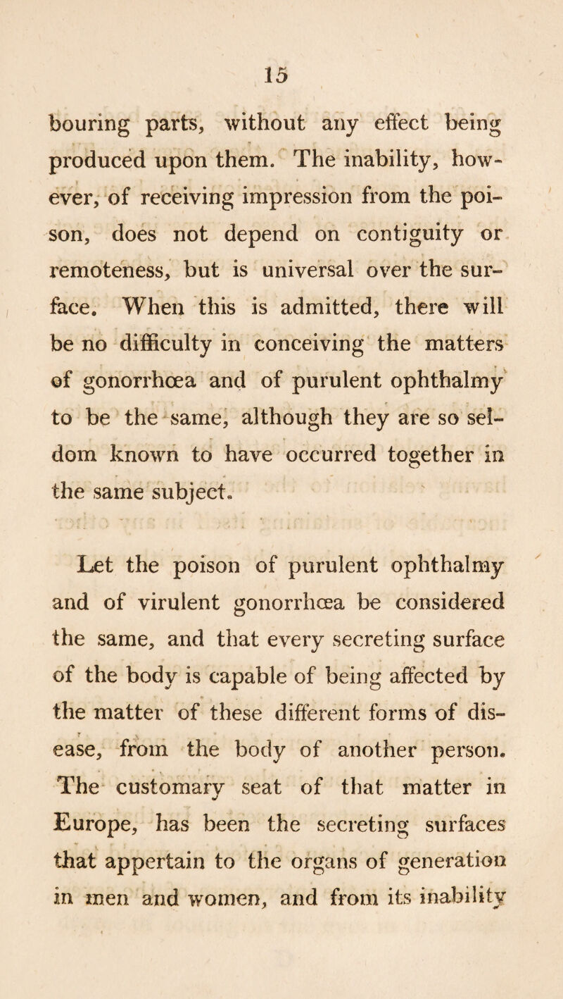 bouring parts, without any effect being produced upon them. The inability, how¬ ever, of receiving impression from the poi¬ son, does not depend on contiguity or remoteness, but is universal over the sur¬ face* When this is admitted, there will be no difficulty in conceiving the matters of gonorrhoea and of purulent ophthalmy to be the same, although they are so sel¬ dom known to have occurred together in the same subject* • ' *■ 1 r '• 1 ■ it. • L f , Let the poison of purulent ophthalmy and of virulent gonorrhoea be considered the same, and that every secreting surface of the body is capable of being affected by ♦ , » the matter of these different forms of dis- y V ease, from the body of another person* The customarv seat of that matter in Europe, has been the secreting surfaces ^ iff » , 4 _ that appertain to the organs of generation in men and women, and from its inability