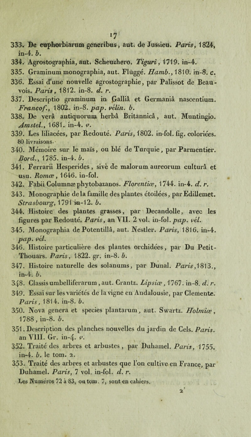 «7 333. De euphorbiarum generlbus, aut. de Jussieu. Paris, 1824, in-4. b. 334. Agrostographia, aut. Scheuzhero. Tiguri, 1719. in-4. 335. Graminum monographia, aut. Flüggé. Hamb., 1810. in-8. c. 336. Essai d’une nouvelle agrostographie, par Paiissot de Beau- vois. Paris t 1812. in-8. d. r. 337. Descriptio graminum in Galliâ et Germaniâ nascentium. Fnancof., 1802. in-8. pap. vélin, b. 338. De verâ antiquorum herbâ Britannica, aut. Muntingio. Am s tel., 1681. in-4. v. 339. Les liliacées, par Redouté. Paris, 1802. in-fol. fig. coloriées. 80 livraisons.- 340. Mémoire sur le maïs, ou blé de Turquie, par Parmentier, jBord., 1785. in-4. b. 341. Ferrarii Hesperides, sivè de malorum aureorum culturâ et usu. Rornœ, 1646. in-fol. 342. Fabii Columnæ phytobazanos. Florentiœ, 1744. in-4. d. r. 343. Monographie de la famille des plantes étoilées, par Edillemet. Strasbourg, 1791 iu-12. b. 344. Histoire des plantes grasses, par Decandolle, avec les figures par Redouté. Paris, an VII. 2 vol. in-fol. pap. vèl. 345. Monographia de Potentillâ, aut. Nestler. Paris, 1816. in-4. pap. vél. 346. Histoire particulière des plantes orchidées, par Du Petit- Thouars. Paris, 1822. gr. in-8. b. 347. Histoire naturelle des solanums, par Dunal. Paris, 1813., in-4. b. 348. Classisumbelliferarum, aut. Crantz. Lipsiœ, 1 767. in-8. d. r. 349. Essai sur les variétés de la vigne en Andalousie, par Clemente. Paris, 1814. in-8. b. 350. Nova généra et species plantarum, aut. Swartz. Holmiœ, 1788, in-8. b. 351. Description des planches nouvelles du jardin de Cels. Paris. an VIII. Gr. in-4- v. 352. Traité des arbres et arbustes, par Duhamel. Paris, 1755. in-4. b. le tom. 2. 353. Traité des arbres et arbustes que l’on cultive en France, par Duhamel. Paris, 7 vol. in-fol. d. r.