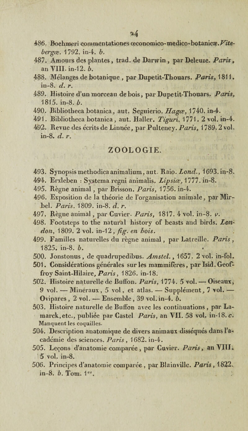 a4 486. Boehmeri commentationes œconomico-medico-botanicæ./^’fe- bergœ. 1792. in-4. b. 487. Amours des plantes, trad. de Darwin , par Deleuze. Paris t an YIII. in-12. b. 488. Mélanges de botanique , par Dupetit-Thouars. Paris, 1811. in-8. d. r. 489. Histoire d’un morceau de bois, par Dupetit-Thouars. Paris, 1815. in-8. b. 490. Bibliotheca botanica, aut. Seguierio. Hagœ, 1740. in-4. 491. Bibliotheca botanica, aut. Haller. Tiguri. 1771.2 vol. in-4. 492. Bevue des écrits de Linnée, par Pulteney. Paris, 1789.2 vol. in-8. d. r. ZOOLOGIE. 493. Synopsis methodicaanimaiium, aut. Raio. Lond., 1693. in-8. 494. Erxleben : Sy.stema regni animalis. Lipsiœ, 1777. in-8. 495. Règne animal, par Brisson. Paris, 1756. in-4. 496. Exposition de la théorie de l’organisation animale, par Mir- bel. Paris. 1809. in-8. d. r. 497. Règne animal, par Cuvier. Paris, 1817. 4 vol. in-8. v. 498. Footsteps to the natural history of beasts and birds. Lon¬ don, 1809. 2 vol. in-12, fig. en bois. 499. Familles naturelles du règne animal, par Latreille. Paris, 1825. in-8. b. 500. Jonstonus, de quadrupedibus. Amstel., 1657. 2 vol. in-fol. 501. Considérations générales sur les mammifères, par Isid. Geof¬ froy Saint-Hilaire, Paris, 1826. in-18. 502. Histoire naturelle de BufFon. Paris, 1774. 5 vol. — Oiseaux, 9 vol. — Minéraux, 5 vol, et atlas. — Supplément, 7 vol. — Ovipares , 2 vol. — Ensemble , 39 vol. in-4. b. 503. Histoire naturelle de BufFon avec les continuations , par La- marck,etc., publiée par Castel Paris, an VII. 58 vol. in-18. c. Manquent les coquilles. 504. Description anatomique de divers animaux disséqués dans l’a-« cadémie des sciences. Paris , 1682. in-4. 505. Leçons d’anatomie comparée , par Cuvier. Paris, an VIII. 5 vol. in-8. 506. Principes d’anatomie comparée , par Blainville. Paris, 1822., in-8. b. Tom. 1er. ;