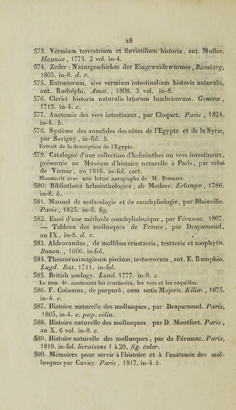 *28 573. Yermium terrestrium et fluviatilium historia, aut. Muller. Hauniœ, 1773. 2 vol. in-4. 574. Zeder *. Naturgeschichte der Eingeweidewürmer, Bamberg, 1803. in-8. d. r. t i ^ . 575. Entofcoorum, sive vermium intestinalium historia naturalis, aut. Rudolphi. Amsl. , 1808. 3 vol. in-8. 576. Clerici historia naturalis latorum lumbricorum. Genevœ , 1715. in-4. c. 577. Anatomie des vers intestinaux, par Cloquet. Paris , 1824. in-4. b. 578. Système des annelides des côtes de l’Egypte et de la Syrie, par Savigny , in-foî. b. Extrait de la description de l’Egypte. 579. Catalogue d’une collection d’helminthes ou vers intestinaux, présentée au Muséum d’histoire naturelle à Paris , par celui de Yienne , en 1816. in-fol. cart. Manuscrit avec une lettre autographe de M. Bremser. 580. Bibliotheca helminthologica , ab Modeer. Erlangœ, 1786. in-8. b. 581. Manuel de malacologie et de conchyliologie, par Blainville. Paris , 1825. in-8. fig. 582. Essai d’une méthode corichyliologique , par Férussac. 1807. — Tableau des mollusques de France , par Draparnaud, an IX, in-8. d. r. 583. Aldrovandus, de mollibus crustaceis, testaceis et zoophytis. Bonon. , 1606. in-fol. 584. Thesaurusimaginum piscium, testaceorum , aut. E. Rumphio. Lugd. Bat. 1711. in-fol. 585. British zoology. Lond. 1777. in-8. c. Le tom. 4«. contenant les crustacées, les vers et les coquilles. 586. F. Columna, de purpura, cum notis Majoris. Kiliœ., 1675. in-4. v. 587. Histoire naturelle des mollusques, par Draparnaud. Paris, 1805, in-4. c. pap. vélin. 588. Histoire naturelle des mollusques par D. Montfort. Paris , an X. 6 vol. in-8. c. 589. Histoire naturelle des mollusques , par de Férussac. Paris, 1819. in-fol. livraisons 1 à 20, fig. color. 590. Mémoires pour servir à l’histoire et à l’anatomie des mol¬ lusques par Cuvier. Paris, 1817. in-4. b.