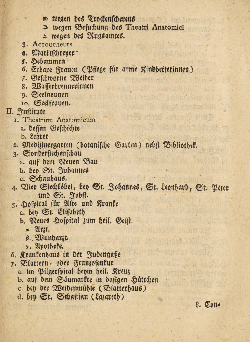 k wegen beö $cocfenf<beren$ 2- liegen QSefucbuttg beö Theatri Anatomici 3- »egen be$ 9vug$ßmte$. 3. Accoucheurs 4. OJacFtfcbtrepec' 5. gebammen 6. dtbare grauen (pflege für arme ^tn&befterirtnen) 7. @efcf>»orne 'JBeiber 8. SBajferbrennerinnen 9. ©eelnonnen 10. ©eelftßuen. II. Sfnftitute 1. Theatrum Anatomicum a. bejfen ©efebiebte b. £ebtee 2. ©lebiitnergßrten (botanifebe ©arten) nebfl ?£tbl»otbef. 3. ©onbetjtecbenfcbau a. auf bem SReuen S3au b. bep ®t. SfobanneS c. ©cbaubßus. 4. CQtet ©teebfobef, bet) ©t. 3obßnne$/ ©t. üeonbßvb, ©t. QJetec unb ©t. Stabil. 5. ,£ofpitat für 2Ute unb Äranfe a. bet) ©t. Slifabetb b. SReuea #ofpttal $um betf. ©etfl. « Slrjt. ß.. <2Bunbatjt. y. Slpotbefe. <5. Ätanfenbauo in bec Srubengage 7, SBlattern» ober granjofenfut a. tm ^ilgerfottal bepm beii. Äreuj b. auf bem ©äumarfte in baftgen ^uttebett c. bep bet <2Beibenmüble (SBtatterbauß) d. bet) ©t. ©ebaflian C^asaretb) 8. ©Ott*