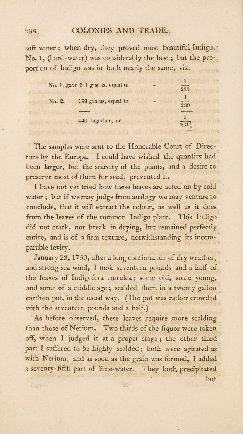 soft water i when dry, they proved most beautiful Indigo. No* 1, (hard-water) was considerably the best; but the pro¬ portion of Indigo was in both nearly the same, viz* No. ], gave 241 grains, equal to No, 2. 199 grains, equal to 449 together, or The samples were sent to the Honorable Court of Direc¬ tors by the Europa. I could have wished the quantity had been larger, but the scarcity of the plants, and a desire to preserve most of them for seed, prevented it. I have not yet tried how these leaves are acted on by cold water ; but if we may judge from analogy we may venture to conclude, that It will extract the colour, as well as it does from the leaves of the common Indigo plant. This Indigo did not crack, nor break in drying, but remained perfectly entire, and is of a firm texture, notwithstanding its incom¬ parable levity. January 23, 1793, after a long continuance of dry weather, and strong sea wind, I took seventeen pounds and a half of the leaves of Indigofera cqerulea ; some old, some young, and some of a middle age; scalded them in a twenty gallon earthen pot, in the usual way. (The pot was rather crowded with the seventeen pounds and a half.) As before observed, these leaves require more scalding than those of Nerium. Two thirds of the liquor were taken off, when I judged it at a proper stage j the other third part I suffered to be highly scalded; both were agitated as with Nerium, and as soon as the grain was formed, I added a seventy-fifth part of lime-water. They both precipitated but i 233 1 230