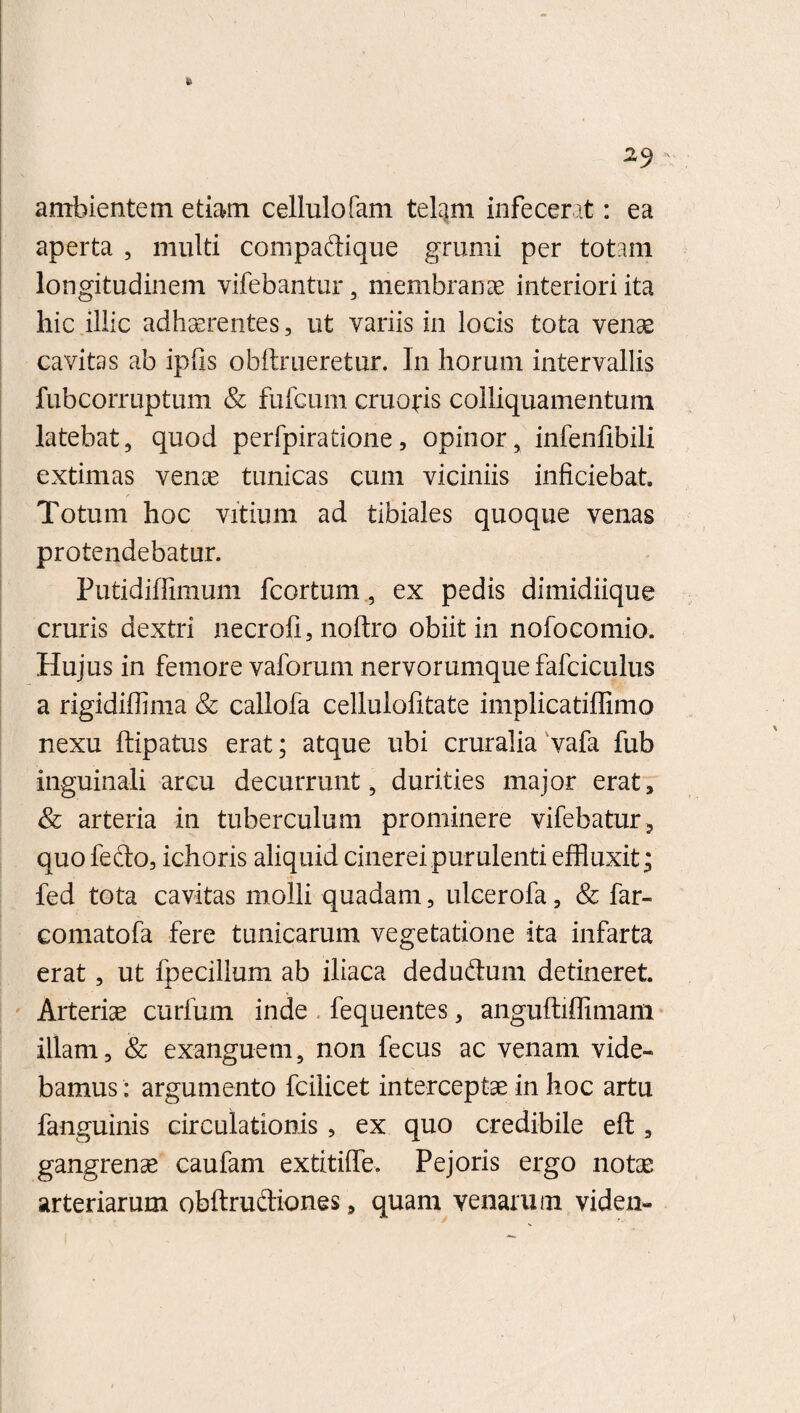 » ambientem etiam cellulofam telam infecerat: ea aperta , multi compadique grumi per totam longitudinem vifebantur, membranae interiori ita hic illic adhaerentes, ut variis in locis tota venae cavitas ab ipfis obftrueretur. In horum intervallis fubcorruptum & fufcum cruofis colliquamentum latebat, quod perfpiratione, opinor, infeniibili extimas ven^e tunicas cum viciniis inficiebat. f Totum hoc vitium ad tibiales quoque venas protendebatur. Putidiffimum fcortum, ex pedis dimidiique cruris dextri necrofi, noftro obiit in nofocomio. Hujus in femore vaforum nervorumque fafciculus a rigidiffima & callofa cellulofitate implicatiffimo nexu ftipatus erat; atque ubi cruralia vafa fub inguinali arcu decurrunt, durities major erat, & arteria in tuberculum prominere vifebatur , quo fedo, ichoris aliquid cinerei purulenti effluxit; fed tota cavitas molli quadam, ulcerofa , & far- comatofa fere tunicarum vegetatione ita infarta erat, ut fpecillum ab iliaca dedudum detineret. Arteriae curfum inde fequentes, anguftiffimam illam, & exanguem, non fecus ac venam vide¬ bamus : argumento fcilicet interceptae in hoc artu fanguinis circulationis, ex quo credibile eft , gangrena caufam extitiffe. Pejoris ergo notae arteriarum obftrudiones, quam venarum viden-