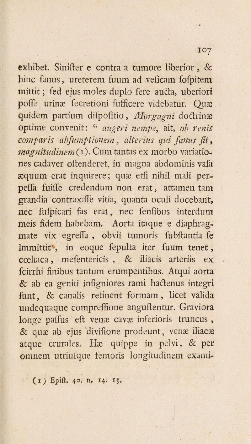 exhibet. Sinifter e contra a tumore liberior , & hinc fanus, ureterem fuum ad veficam fofpitem mittit; fed ejus moles duplo fere aucta, uberiori poffe urinae fecretioni fufficere videbatur. Quas quidem partium difpofitio, Morgagni doctrinae optime convenit: cc augeri nempe, ait, ob renis comparis abfumptionem, alterius qui famis Jit 9 magnitudinem (i). Cum tantas ex morbo variatio¬ nes cadaver oftenderet, in magna abdominis vafa aequum erat inquirere; quae etli nihil mali per- peffa fuiffe credendum non erat, attamen tam grandia contraxifle vitia, quanta oculi docebant, nec fufpicari fas erat, nec fenfibus interdum meis fidem habebam. Aorta itaque e diaphrag¬ mate vix egrelfa , obvii tumoris fubftantia fe immittit\ in eoque fepulta iter fuum tenet, coeliaca, mefentericis , & iliacis arteriis ex fcirrhi finibus tantum erumpentibus. Atqui aorta & ab ea geniti infigniores rami hadenus integri funt, & canalis retinent formam, licet valida undequaque compreffione anguftentur. Graviora longe palfus eft venae cavae inferioris truncus, & quae ab ejus divifione prodeunt, venae iliacae atque crurales. Hae quippe in pelvi, & per omnem utriufque femoris longitudinem exaini- (r) Epifh 40. n. 14. 15®