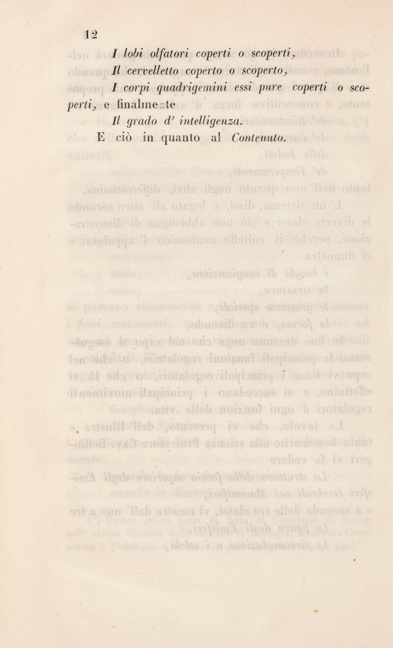 VI I lobi olfatori coperti o scoperti II cervelletto coperto o scoperto3 I corpi quadrigemini essi pure coperti o sco¬ perti ; e finalmente II grado d’ intelligenza. E ciò in quanto al Contenuto.