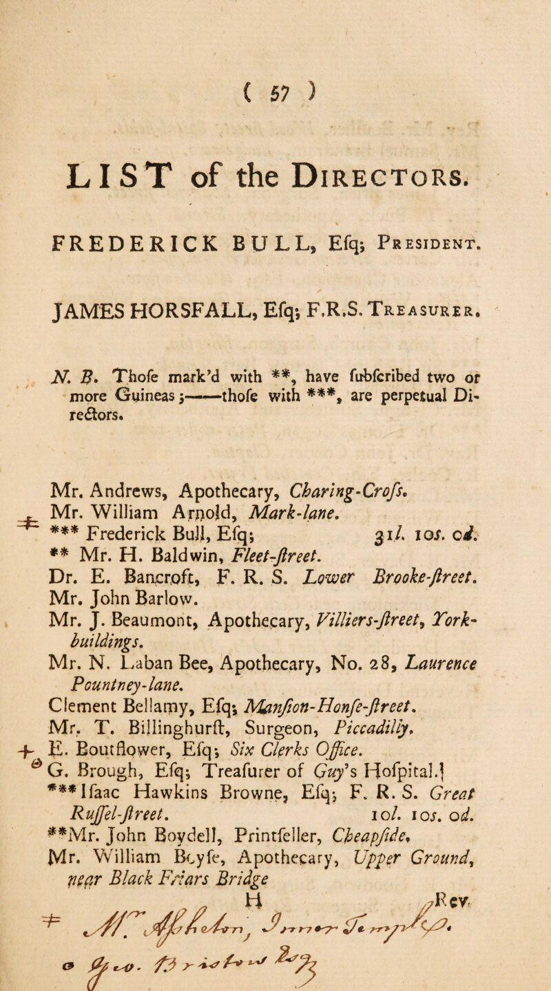 LIST of the Directors. FREDERICK BULL, Efq; President. JAMES HORSFALL, Efq; F.R.S. Treasurer. N. Thofe mark’d with have fubfcribed two of more Guineas j-—-thofe with ***, are perpetual Di¬ rectors. Mr. Andrews, Apothecary, Charing-Crofs. - Mr. William Arpold, Mark-lane, *** Frederick Bull, Efq; 3 iL 1 os. 0d, ** Mr. H. Baldwin, Fleet-ftreet. Dr. E. Bancroft, F. R. S. Lower Brooke-ftreet. Mr. John Barlow. Mr. J. Beaumont, Apothecary, Villiers-ftreet, York- buildings, Mr. N, Laban Bee, Apothecary, No. 23, Laurence Pountney-lane. Clement Bellamy, Efq; Aian/m-Honfe-ftreet. Mr. T. Billinghurft, Surgeon, Piccadilly, + E. Boutflower, Efq; Six Clerks Office. & G. Brough, Efq; Treafurer of Gutf s Hofpital.] ***Ifaac Hawkins Browne, Efq; F.R.S. Great Rujfel-ftreet. 10/. 10s, od. '**Mr. John Boydell, Printfeller, Cbeapftde, Mr. William Bcyfe, Apothecary, Upper Ground, pear Black Friars Bridge