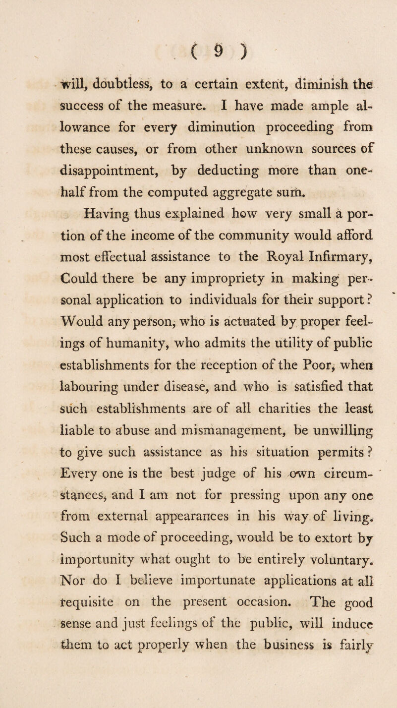 / ( 9 ) will, doubtless, to a certain extent, diminish the success of the measure. I have made ample al¬ lowance for every diminution proceeding from these causes, or from other unknown sources of disappointment, by deducting more than one- half from the computed aggregate sum. Having thus explained how very small a por¬ tion of the income of the community would afford most effectual assistance to the Royal Infirmary, Could there be any impropriety in making per¬ sonal application to individuals for their support ? Would any person, who is actuated by proper feel¬ ings of humanity, who admits the utility of public establishments for the reception of the Poor, when labouring under disease, and who is satisfied that such establishments are of all charities the least liable to abuse and mismanagement, be unwilling to give such assistance as his situation permits ? Every one is the best judge of his own circum¬ stances, and I am not for pressing upon any one from external appearances in his way of living. Such a mode of proceeding, would be to extort by importunity what ought to be entirely voluntary. Nor do I believe importunate applications at all requisite on the present occasion. The good sense and just feelings of the public, will induce them to act properly when the business is fairly