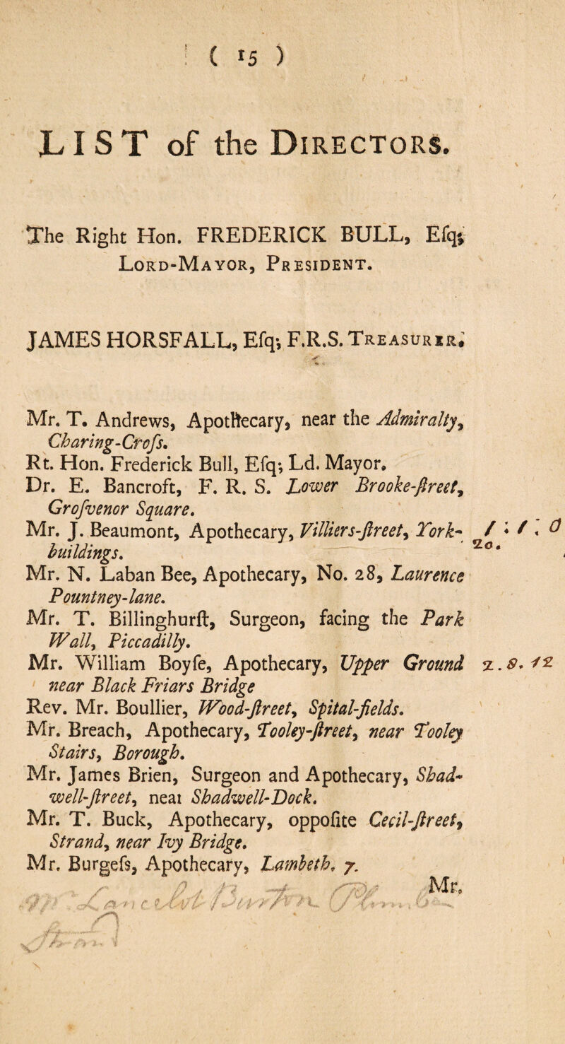 LIST of the Directors. The Right Hon. FREDERICK BULL, Efq; Lord-Mayor, President. JAMES HORSFALL, Efq-, F.R.S. Treasure. Mr. T. Andrews, Apothecary, near the Admiralty, Charing-Cr ofs. Rt. Hon. Frederick Bull, Efq; Ld. Mayor, Dr. E. Bancroft, F. R. S. Lower Brooke-ftreet, Grofvenor Square. Mr. J. Beaumont, Apothecary, Vffliers-ftreety York* / * f * & buildings. *lo‘ Mr. N. Laban Bee, Apothecary, No. 28, Laurence Pountney-lane. Mr. T. Billinghurft, Surgeon, facing the Park Wall, Piccadilly. Mr. William Boyfe, Apothecary, Upper Ground %.$* near Black Friars Bridge Rev. Mr. Boullier, Wood-Jlreet, Spital-Jields. Mr. Breach, Apothecary, Yooley-ftreety near Yooley Stairs, Borough. Mr. James Brien, Surgeon and Apothecary, Shad- well-ftreety neai Shadwell-Dock. Mr. T. Buck, Apothecary, oppofite Cecil-ftreety Strand^ near Ivy Bridge. Mr. Burgefs, Apothecary, Lambeth, 7. Mr, i C V A >