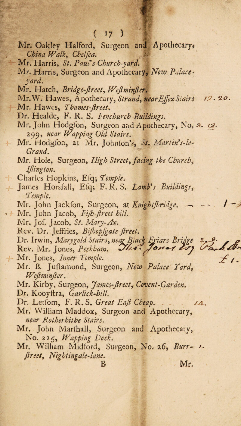 & MX >*!*•:* . /! -r . g \ •* ,»y ( *7 ) r* Mr. Oakley Halford, Surgeon and Apothecary# China Walk, Chelfea. Mr. Harris, St. Paul's Church-yard. Mr. Harris, Surgeon and Apothecary, New Palace• yard. Mr. Hatch, Bridge-fireet, Weftminfier. Mr.W. Hawes, Apothecary, Strand, nearEJfexSlairs rsz. Mr. Hawes, Thames-fireet. Dr. Healde, F. R. S. Penchurch Buildings. Mr. John Hodgfon, Surgeon and Apothecary, No. s. g. 299, near Wapping Old Stairs. Mr. Hodgfon, at Mr. Johnfon’s, St. Mar tin's-le- Grand. / Mr. Hole, Surgeon, High Street, facing the Church, Ifiington. Charles Hopkins, Efq; Temple. James Horsfall, Efq* F. R. S. Lamb's Buildings, Temple. Mr. John Jackfon, Surgeon, at Knightjhridge. ^ Mr. John Jacob, Pijh-fireet hill. Mr. Jof. Jacob, «S/. Mary-Ax. Rev. Dr. Jeffries, Bifisopfgate fireet. Dr. Irwin, Mary gold Stairs, nearBlack Friars Bridge ~ j? Rev. Mr. Jones, Peckham. CT/zsiT fcrr* Mr. Jones, Temple. -jf j ^ Mr. B. Juflamond, Surgeon, New Palace Yard, Weftminfier. Mr. Kirby, Surgeon, James-ftreet, Covent-Garden. Dr. Kooyftra, Garlick-hill. Dr. Letlom, E. R. S. Great Eafi Cheap. . . . //i, Mr. William Maddox, Surgeon and Apothecary, near Rotherhithe Stairs. Mr. John Marfhall, Surgeon and Apothecary, No. 225, Wapping Deck. Mr. William Midford, Surgeon, No. 26, Burr- fireet. Nightingale-lane. B Mr.